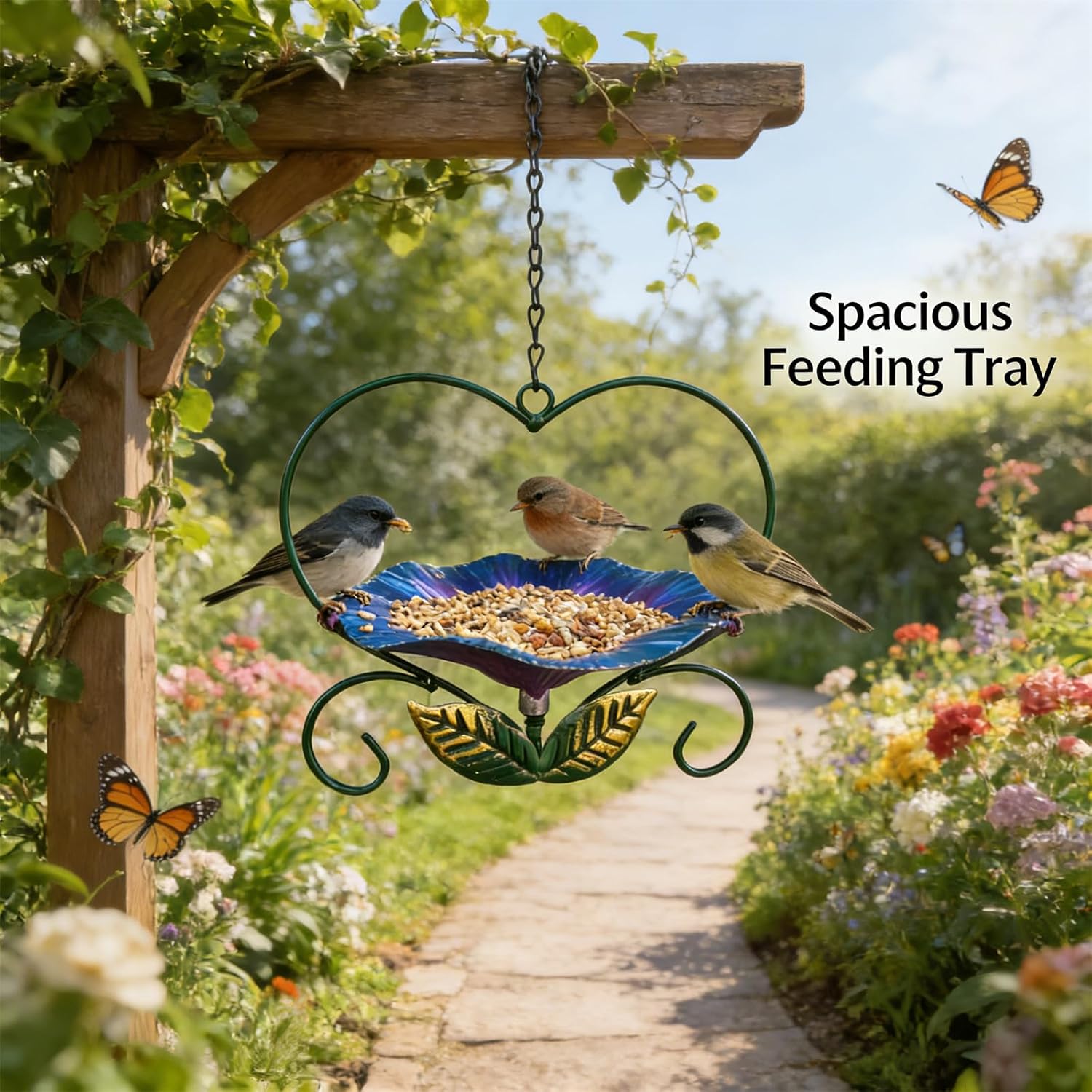Heart-Shaped Wrought Iron Flower Bird Feeder, Signals Heart Shaped Bird Feeder Stake, Platforms Birds Feeders for Outside, Iron Flower-Shaped Hanging Birds Feeders Tray (RED+Purple)