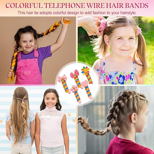 Miniatura 5 de Coloridas bandas de pelo de alambre para teléfono para niños, lindo cordón de teléfono de dibujos animados, lazos de pelo en espiral para niña, goma