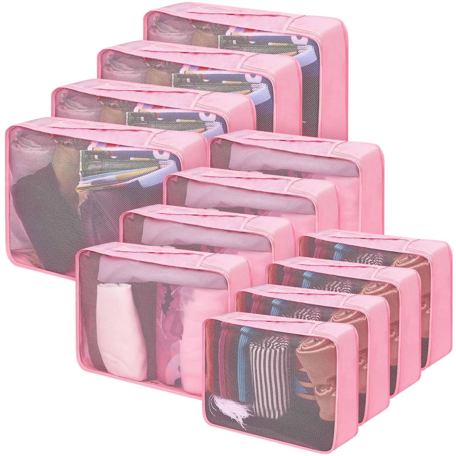 Silkfly 12 Pcs Packing Cubes for Suitcase Travel Luggage Bags Bulk Mesh Organizer Set for Hiking Camping Backpacking Clothes Accessories (Pink,XL, L, M Size)