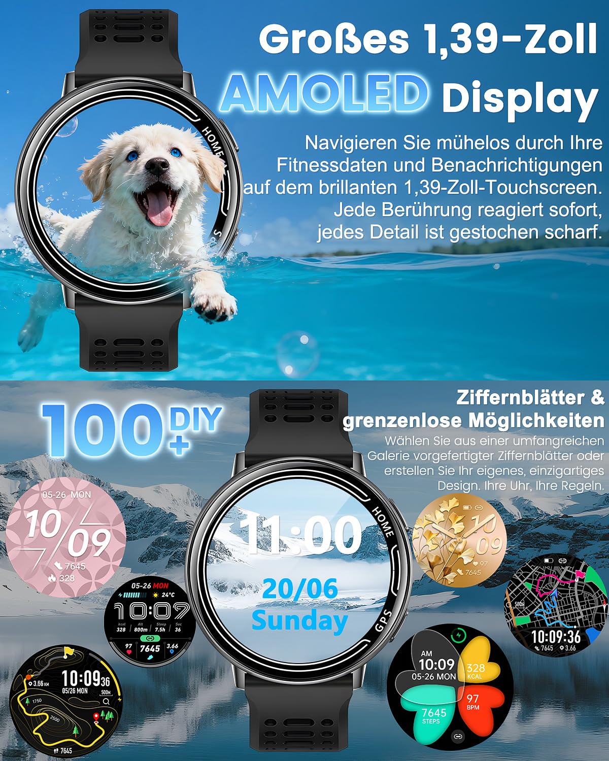 GPS Smartwatch Herren, 1.39" Smart Watch for Men mit Bluetooth Anruf, Sportmodi,Herzfrequenz, Blutdruckmessung, GPS Sportuhr für iOS Android