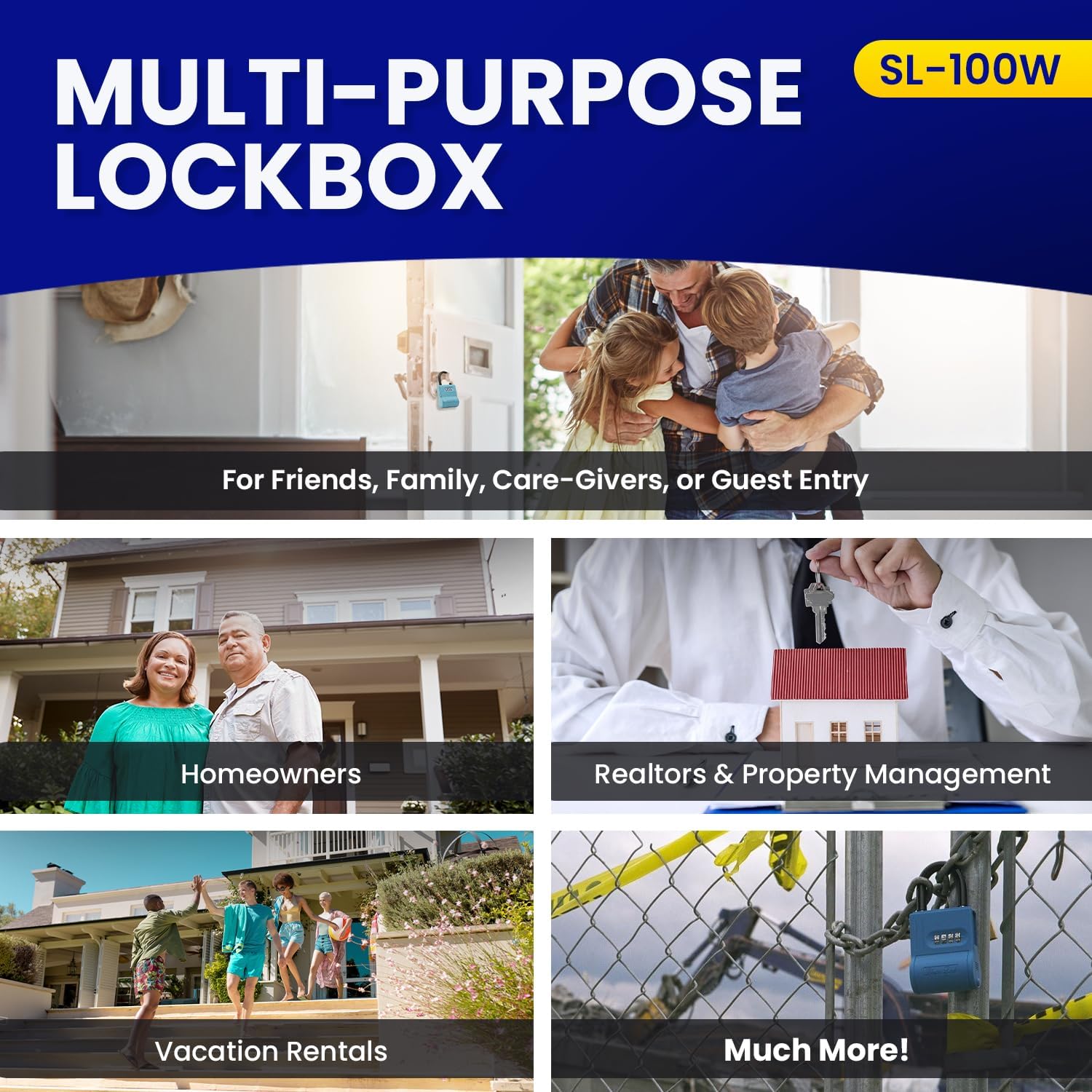 ShurLok SL-100W 4-Dial Dual Combination Lock Box, Durable Combo Lock For Outdoor Storage & Home Improvement, Door Lock & Locker Lock With Side Key Door, 9 x 5.8 x 1.6 Inches, Blue