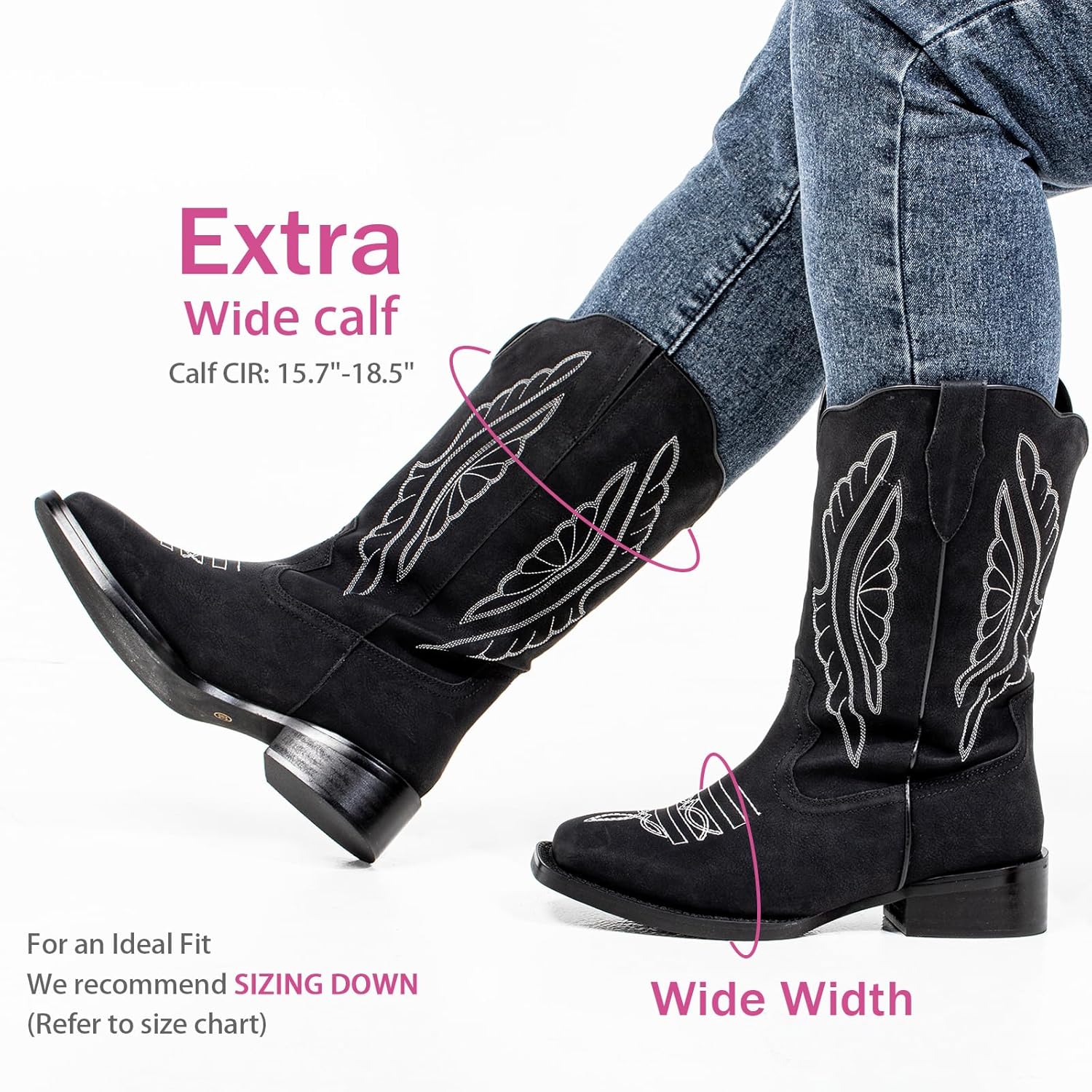 SheSole Extra Wide Calf Boots for Women - Classic Stitch Cowboy Boots with Hidden Stretch Panel & Removable Cushion - Comfortable Wider Shaft Western Boots for Fuller Figures - Image 2