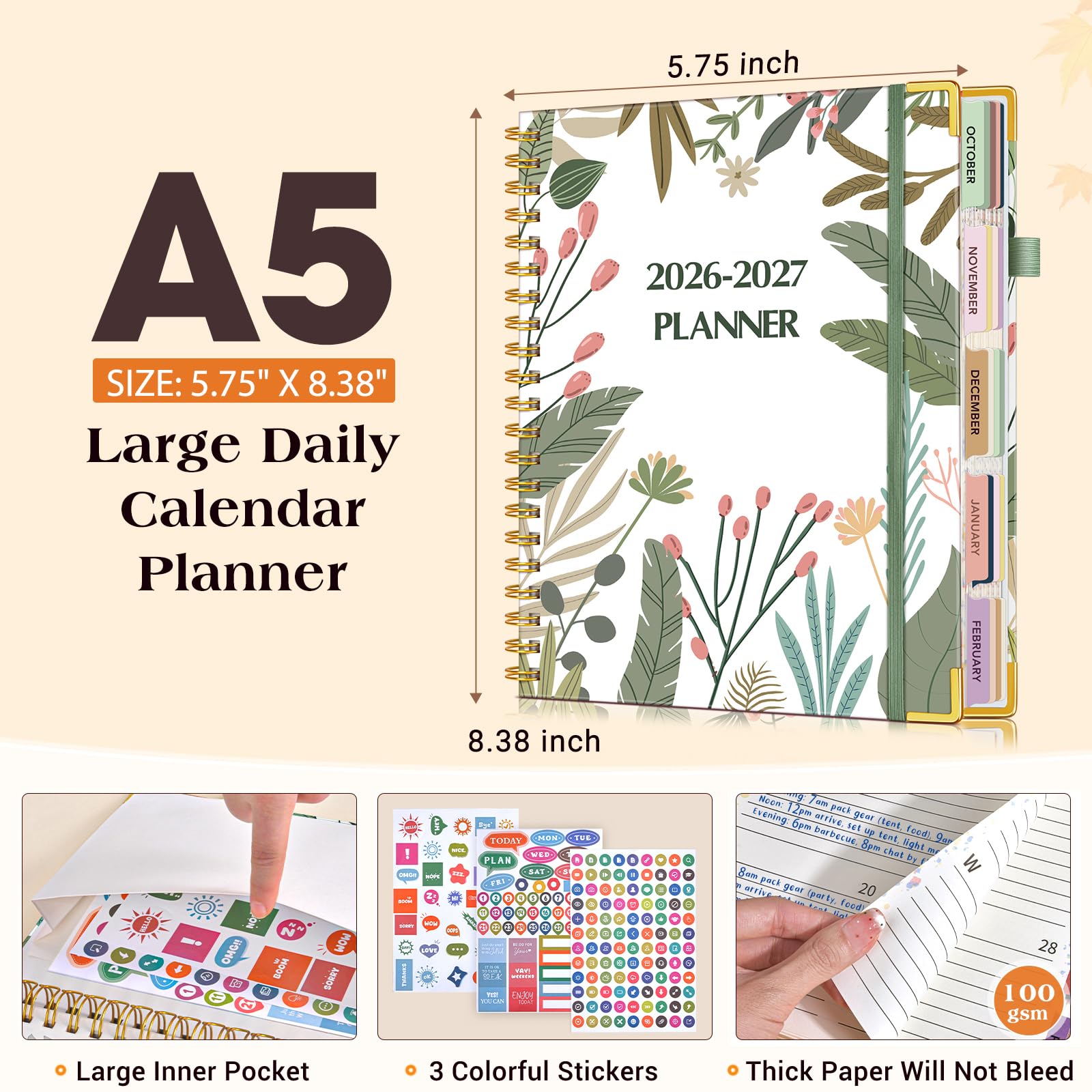 A5-Planer 2026–2027, 18 Monate, Wochen- und Monatsplaner von Januar 2026 bis Juni 2027, 14,6 x 21,3 cm, Hardcover, Leder-Kalender, Tagesplaner mit Tabs, perfekt für Arbeit, Schule, Zuhause, bunte