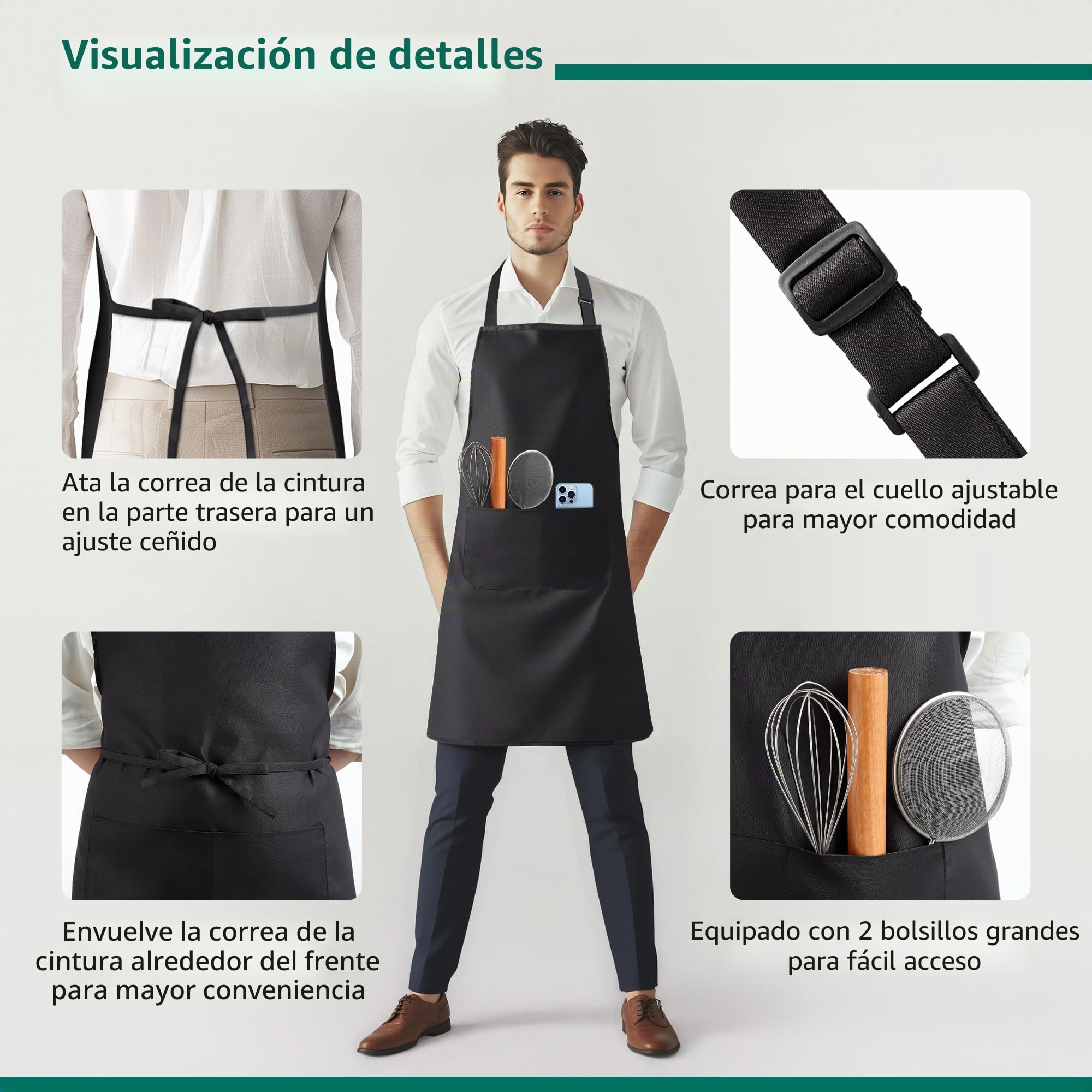 Set de 4 Delantales Cocina Hombre Mujer (68x80 cm), Delantal Impermeable con 2 Bolsillos Grandes, Delantal Personalizado Ajustable para Cocina, Barbacoa, Jardín y Camarero