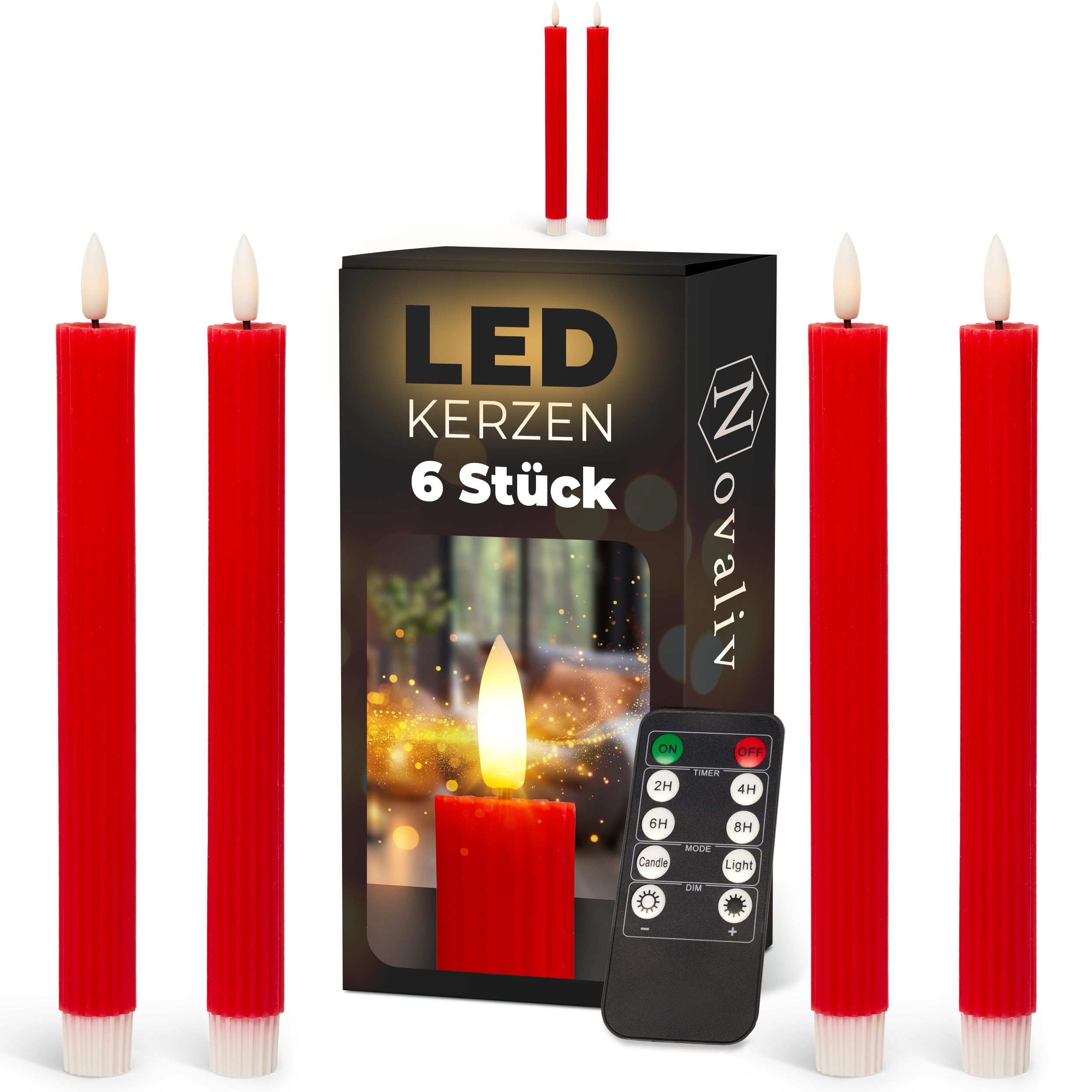 Świece prętowe LED z timerem, czerwone, 6 sztuk do użytku wewnątrz – 6 godzin – prawdziwy wosk, żebrowane 23 cm, wysokość do świec 2,2 cm, średnica 2,2 cm, 2 baterie AAA, niezbędne świece LED, zestaw