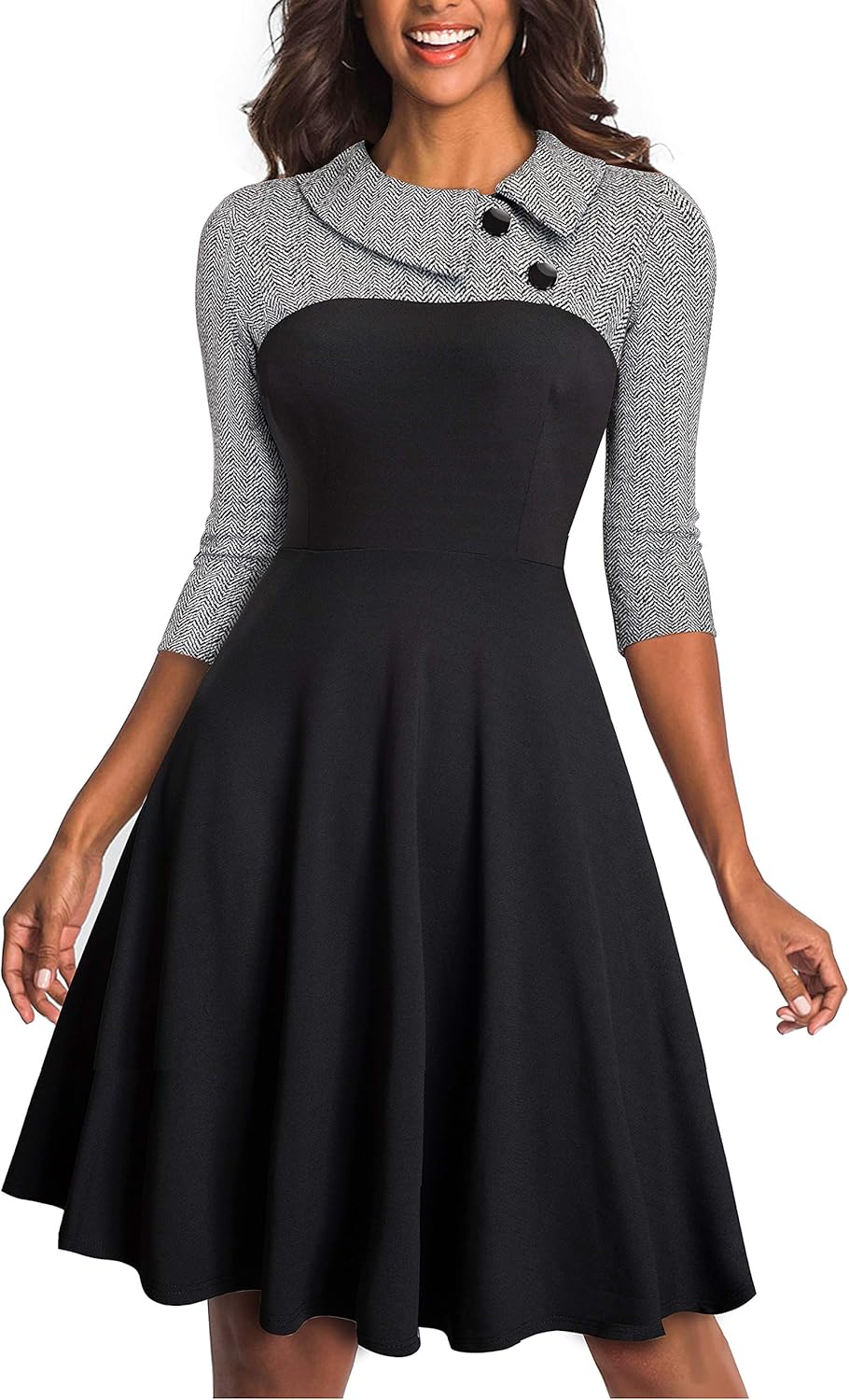 HOMEYEE Women's Lapel 3/4 Sleeve Church Aline Colorblock Work Dress A121