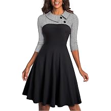 HOMEYEE Womens Lapel 3/4 Sleeve Church Aline Colorblock Work Dress A121