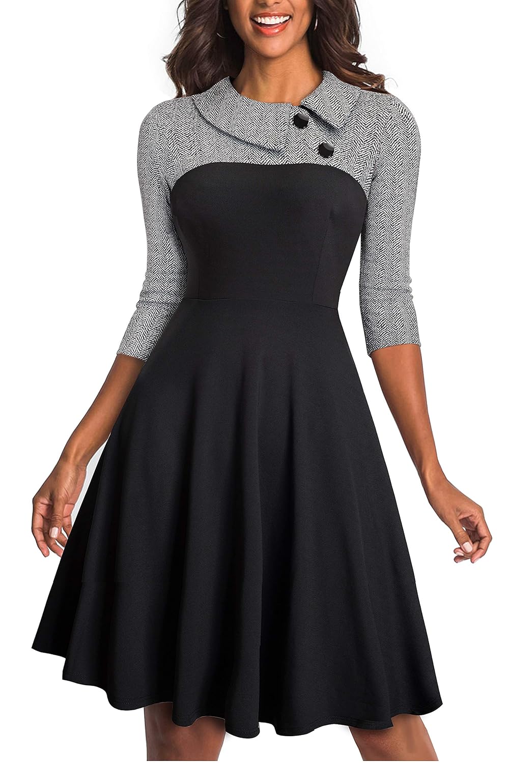HOMEYEE Womens Lapel 3 4 Sleeve Church Aline Colorblock Work Dress A121