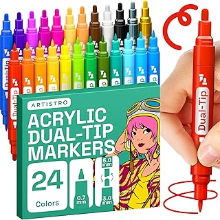 ARTISTRO Acrylic Paint Pens 24 Dual Tip Markers with 2 Mirror Chrome Marker Gold & Silver Extra Fine and Medium Tip + Chisel, Acrylic Paint Markers for Rocks, Wood, Canvas, Glass, Plastic