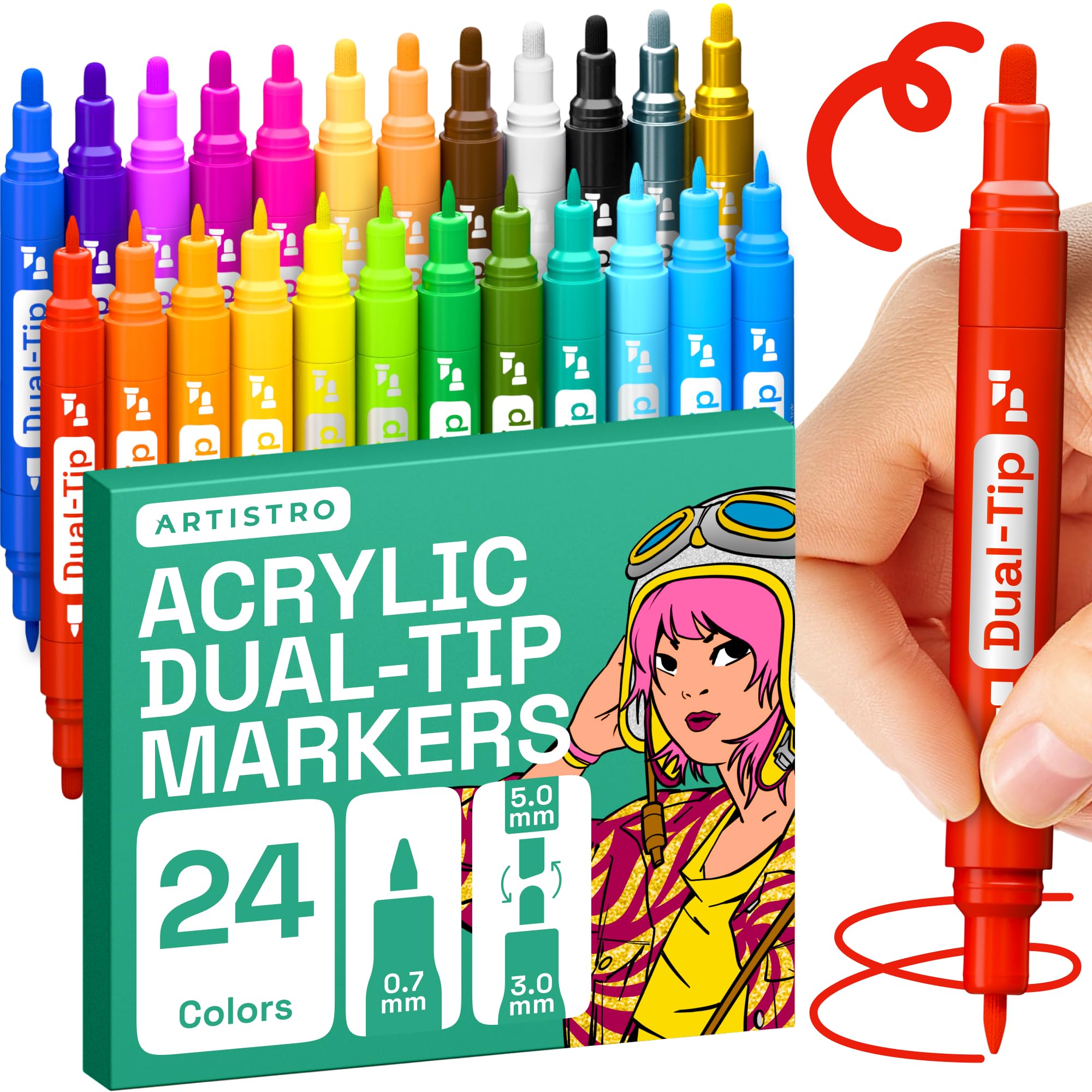 – ARTISTRO Acrylic Paint Pens 24 Dual Tip Markers with 2 Mirror Chrome Marker Gold & Silver Extra Fine and Medium Tip + Chisel, Acrylic Paint Markers for Rocks, Wood, Canvas, Glass, Plastic