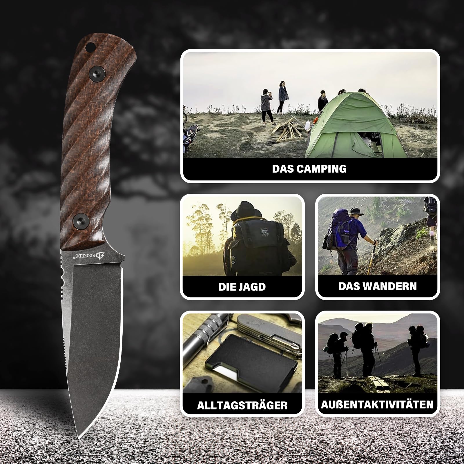 DC53 Stahl messer Feststehende Klinge Micarta Griff mit Kydex Scheide für Männer Outdoor Camping EDC Survival Jagdmesser (Schwarz + rutschfester Micarta Griff)