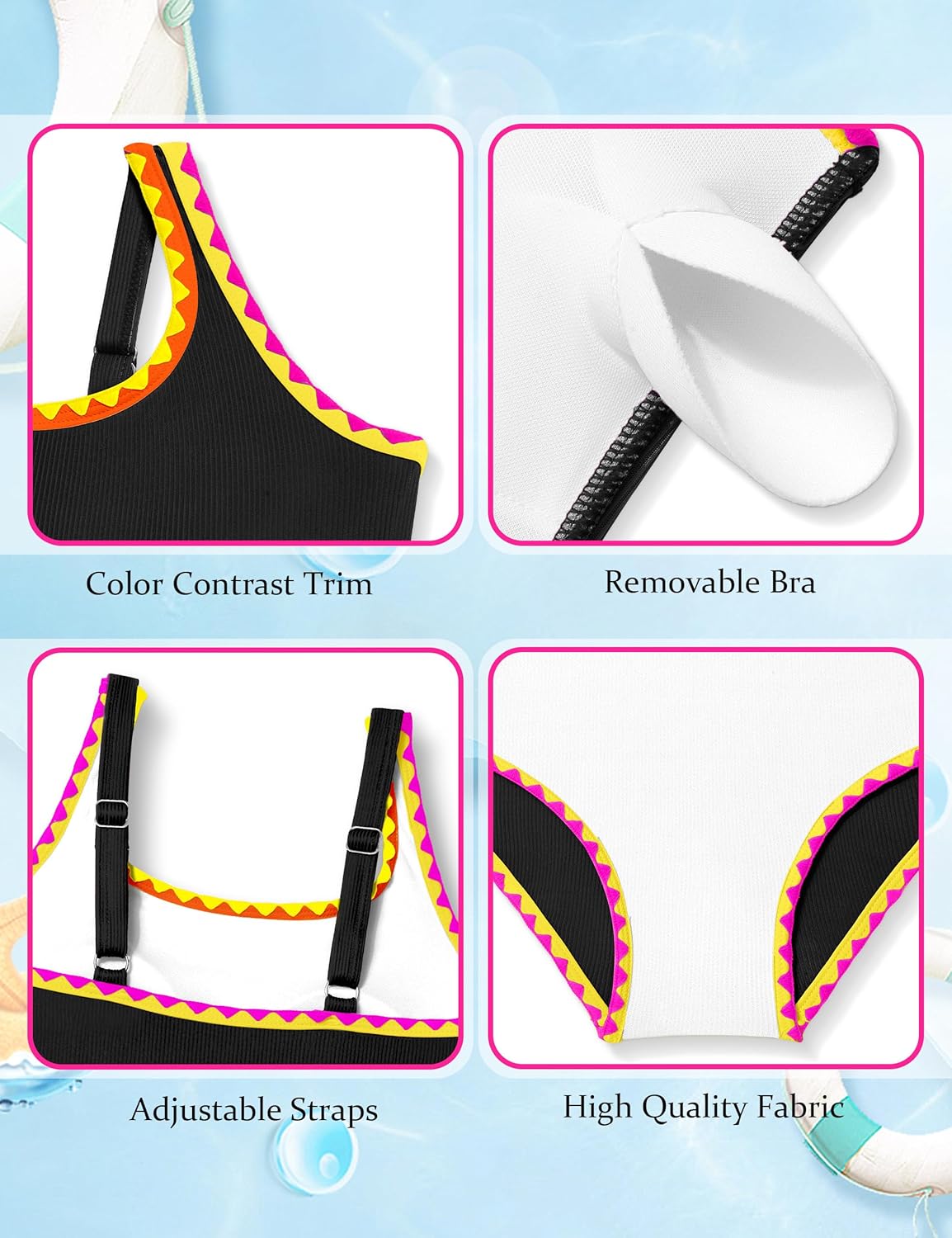 Qaoerde Girls Swimsuit One Piece Swimsuits Solid Color Bathing Suit Colorful Contrast Trim Adjustable Straps Swimwear 9-16Y - Image 4