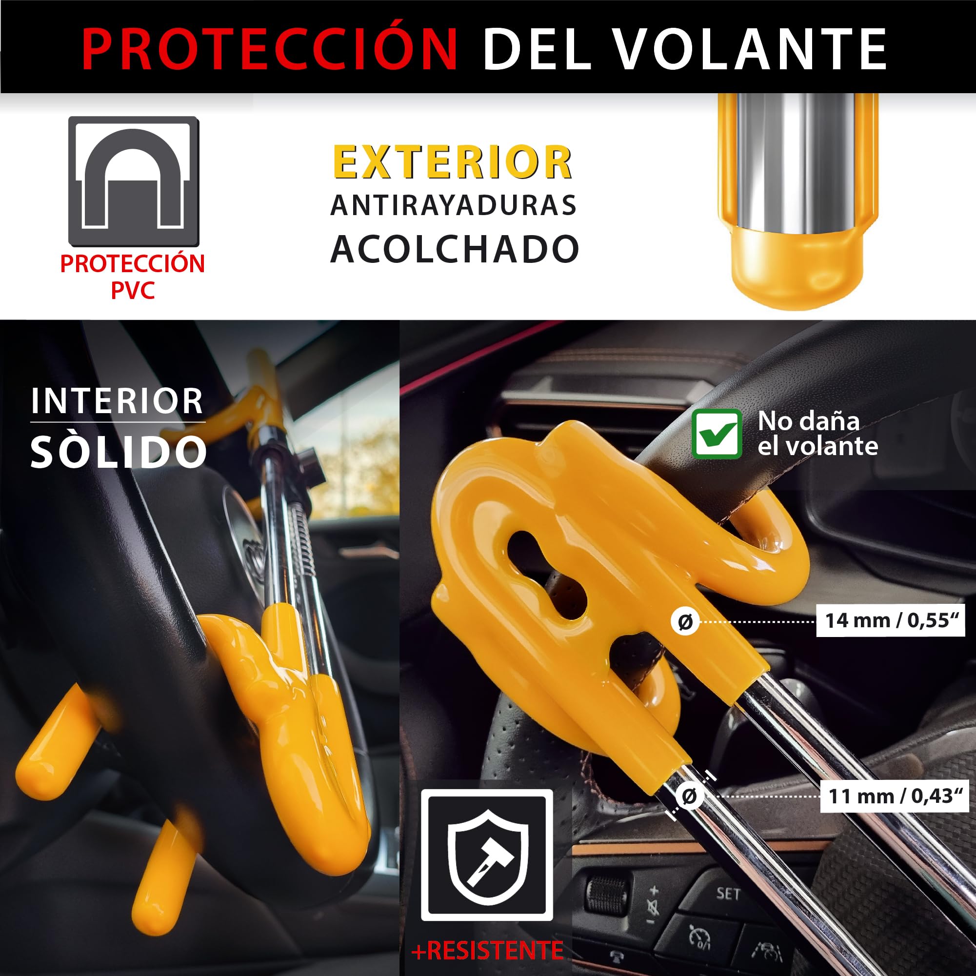 KRASER KR842Y Antirrobo Coche, Alta Seguridad, Bloqueo Volante de Doble Barra, Más Robusto y Disuasorio, Doble Gancho con Protección Antiarañazos, Cepo Coche Universal SUV Furgoneta Autocaravana