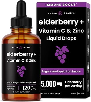 NutraChamps Organic Elderberry Syrup - Elderberry Extract with Vitamin C & Zinc - Black Elderberry Liquid Drops - Sugar-Free Immunity Booster, Vegan, Gluten-Free