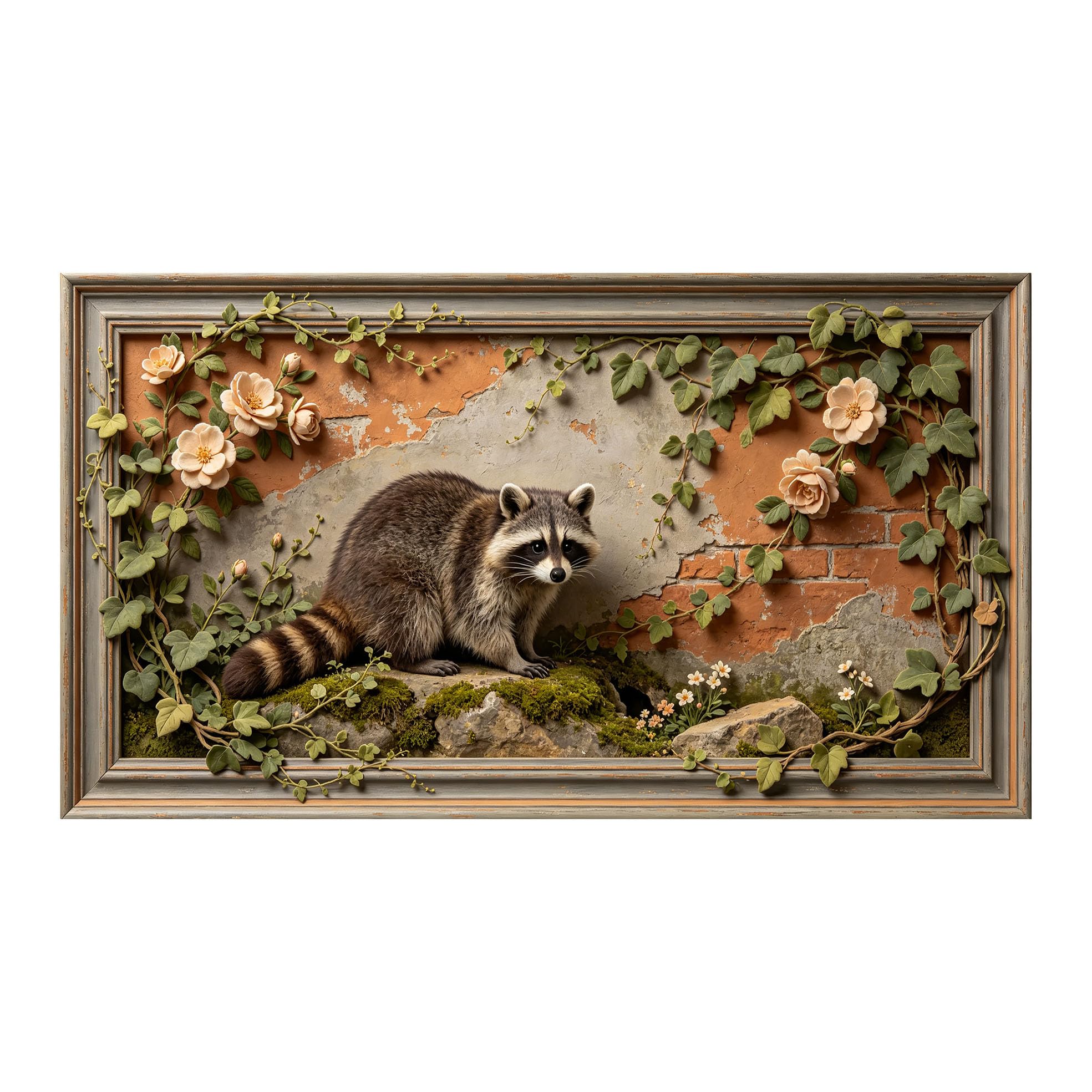 Yzpallescene 3D 3D Framed Wall Art 50cm×90cm Rustic Raccoon Botanical Floral Wall Mural Style Large Size SelfAdhesive Removable Wall Decor Prints Artwork for Living Room Bedroom Office