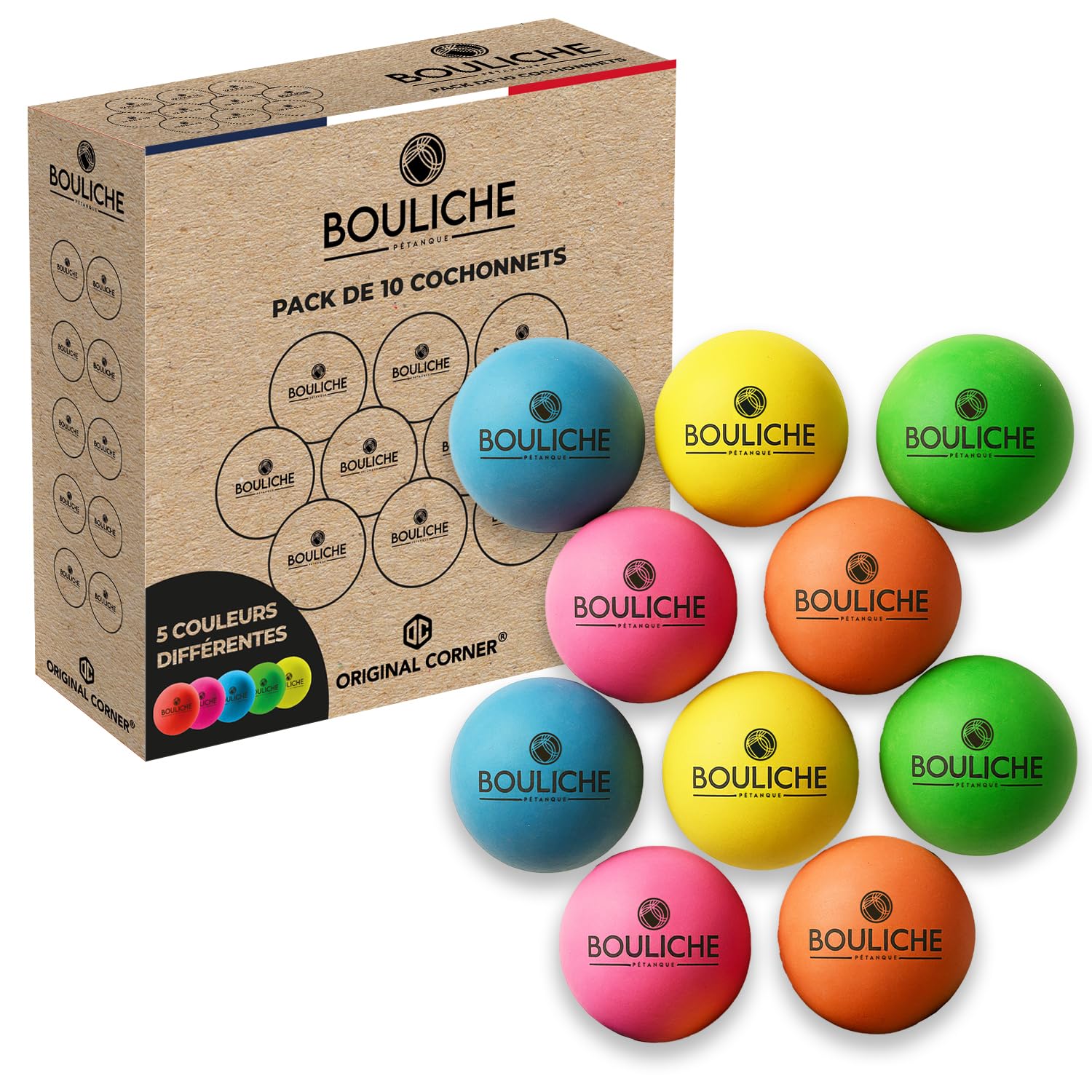 BOULICHE | 10 Bolas Objetivo de Madera para Petanca 3 cm | 5 Colores llamativos | Accesorio para Juego de Bolas competición y Ocio | Idea de Regalo para Jugadores de Petanca | Original Corner