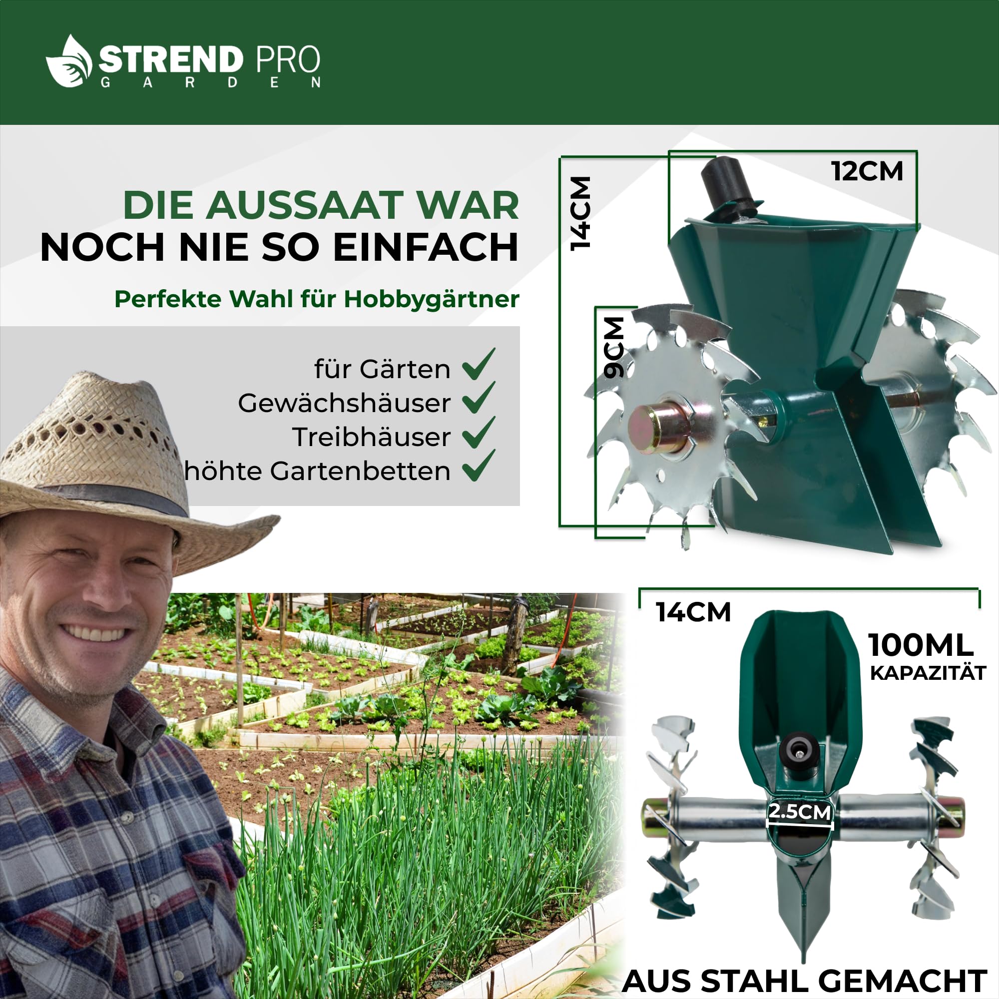 STREND PRO Sämaschine | Manuell Samenstreuer | Metall | Einreihig | EINSTELLBAR Samengröße (1,5; 3,5; 5 mm) | Samen Streuer für Kleine Flächen, Beete, Garten, Gewächshäuser | Hand-Samenstreuer