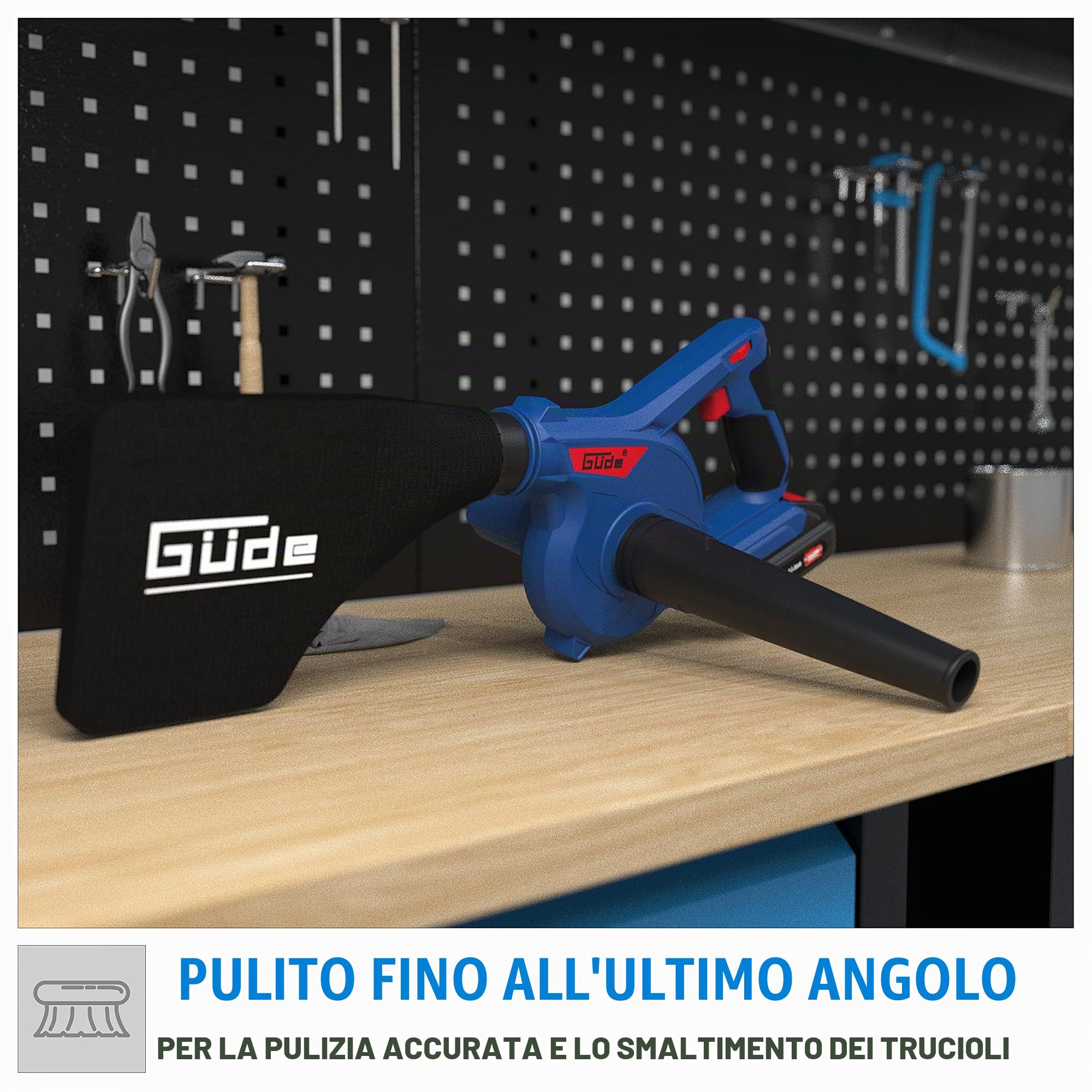Güde Soffiatore a batteria e tettarella Bus 18 – 0 (18 V, agli ioni di litio, soffiatore per foglie, aspiratore per officina, velocità di soffiaggio fino a 270 km/h, flusso d'aria: 156 m³/h)