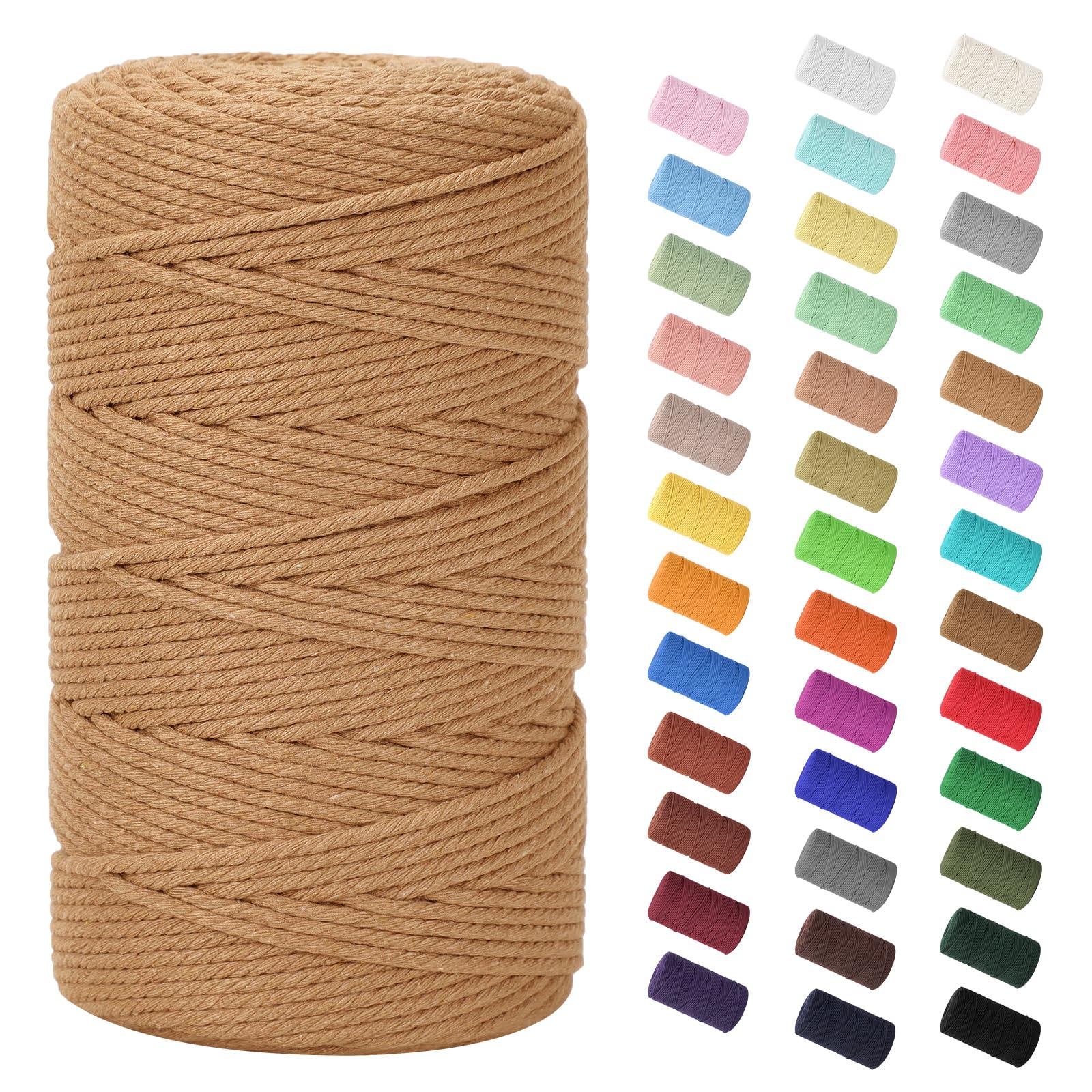 Macrame Cord 3mm x 109Yards (328Feet), Natural Cotton Macrame Rope - 4 Strands Twisted Macrame Cotton Cord for Wall Hanging, Plant Hangers, Crafts, Gift Wrapping and Wedding Decorations, Light Tan