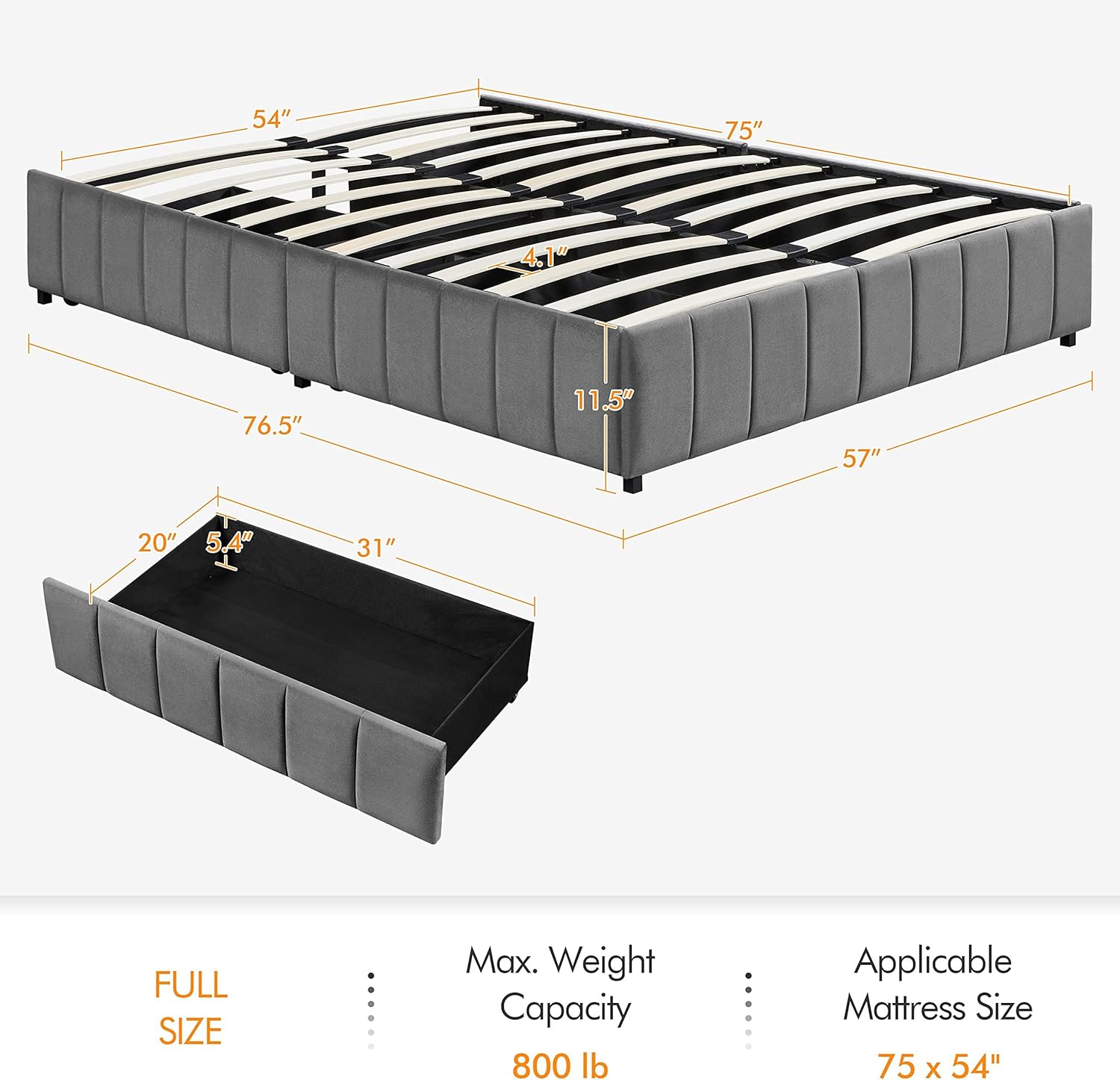 Yaheetech Full Upholstered Platform Bed with Underbed 4 Storage Drawers, No Fixed Headboard, Mattress Foundation with Wood Slat Support, Large Storage Space, No Box Spring Needed, Dark Grey Full