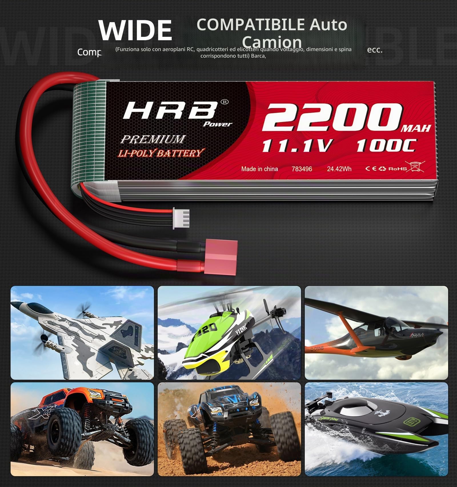 HRB 2PCS 11.1V 2200mAh 3S 100C Lipo batteria con spina Deans per RC auto barca camion Heli aereo Quadcopter elicottero multimotore Hobby fai da te parti