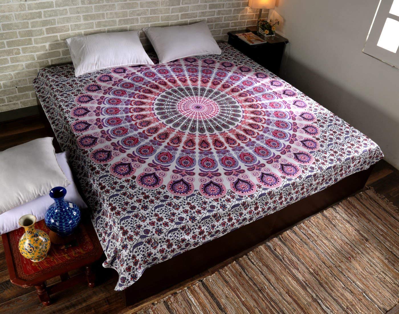 Clavelite Bed Sheets for Double Bed Printed bedcovers of Queen Size Bohemian Bedspread Coverlet for Bedroom Divan Couch Flat bedsheet Covers for King Size Bed (Baby Pink, Twin Without Pillow)