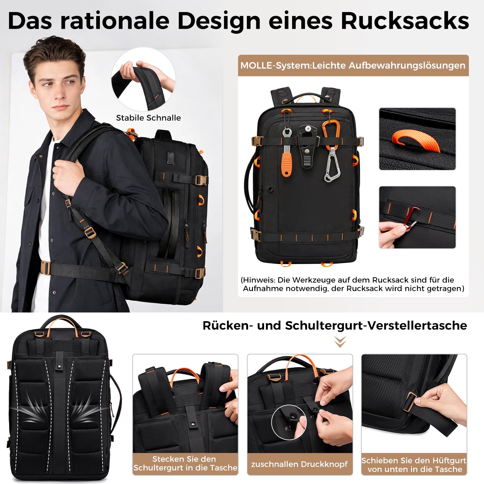 Fenree.geer Reiserucksack, Handgepäck Rucksack, Laptop Rucksack für 18.4 Zoll, Erweiterbar 49 L auf 59 L, Travel Backpack Damen & Herren für Flugreisen, Business, Weekender-Schwarz