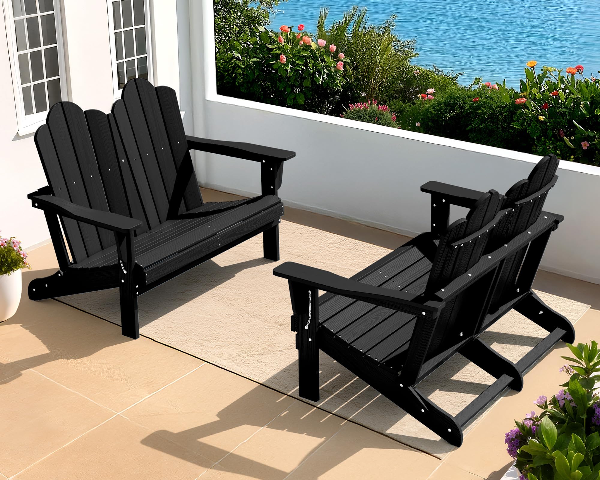 SERWALL HDPE All-Weather Folding Adirondack Bench Set of 2, Black