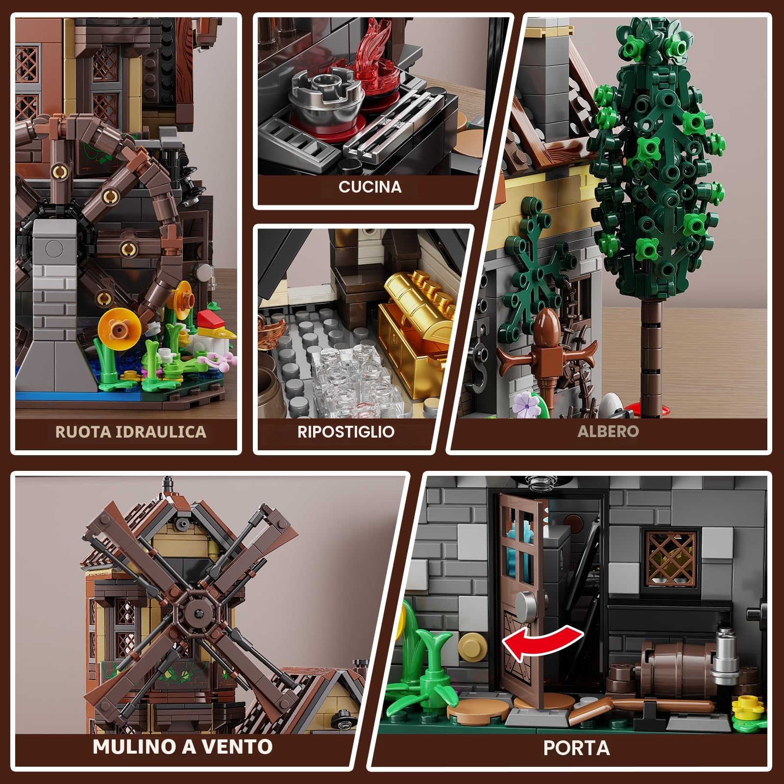 TYCOLE Set di Mattoncini 1436 Pezzi - Cabin di Legno con Luci LED, Mulino a Vento e Ruota ad Acqua Meccanici - Casa Modello di Costruzione per Adulti e Bambini