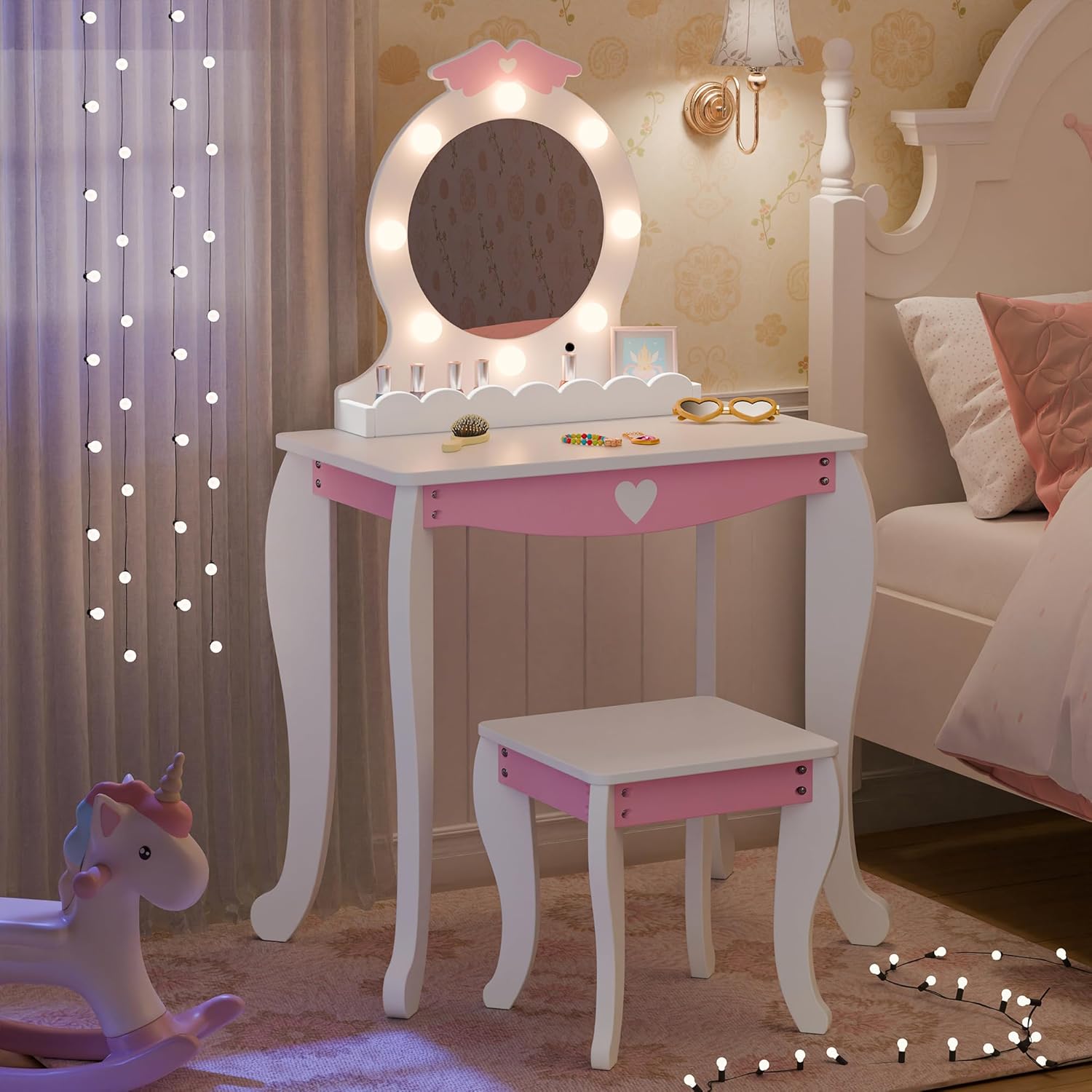 TOLEAD Girls Vanity with Lights, Mirror and Stool, Kids Make Up Vanity Set with Storage Space, Wing Pattern for Little Girls, Toddler Princess Makeup Dressing Table with Chair Set, White