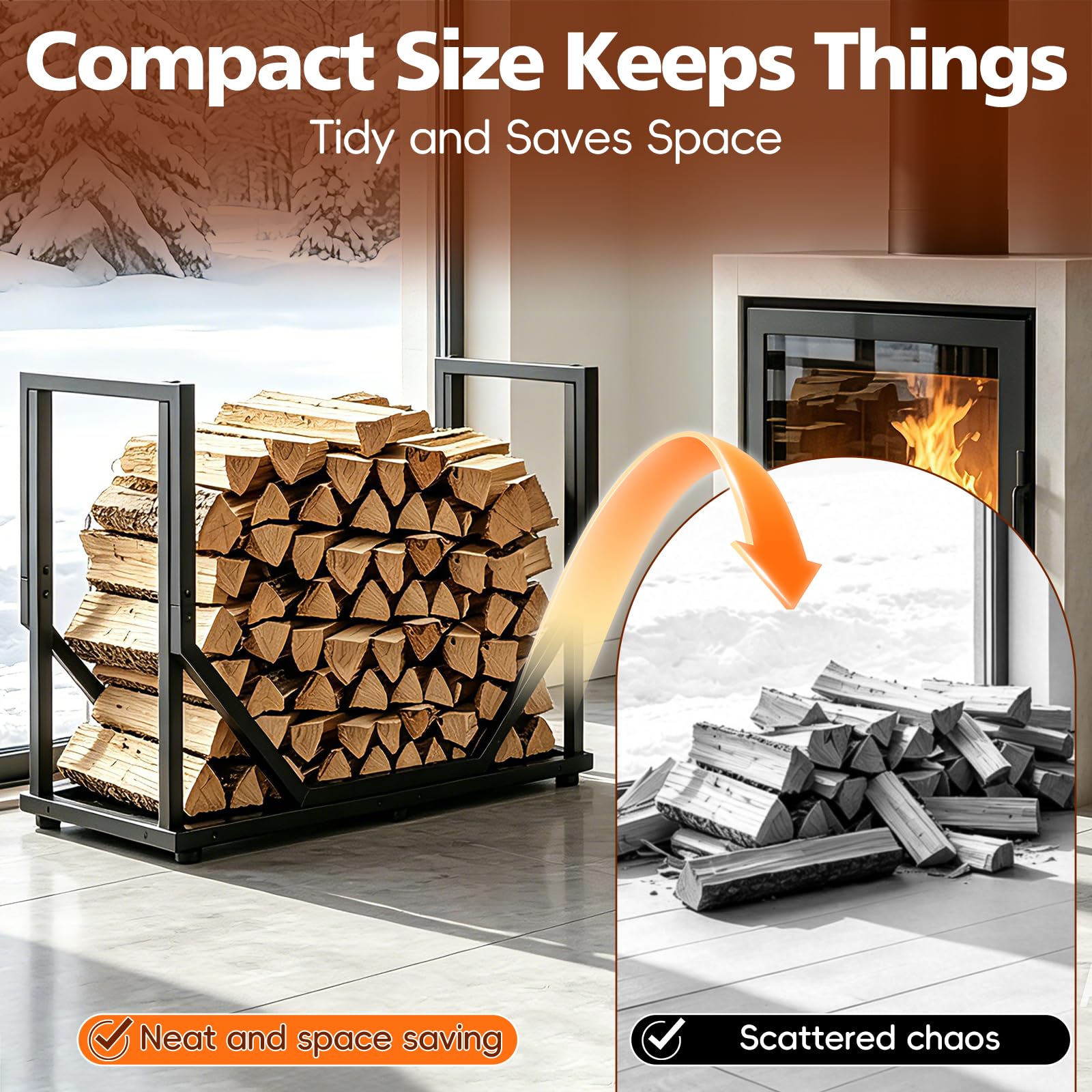 Holzstapelgestell für Außen und Innen, Schwerlast-Metall-Holzhalter für Kamin, stabiles Lagerregal für Holzscheite, rostfreies Holzregal, schwarzer Holzlager-Organizer