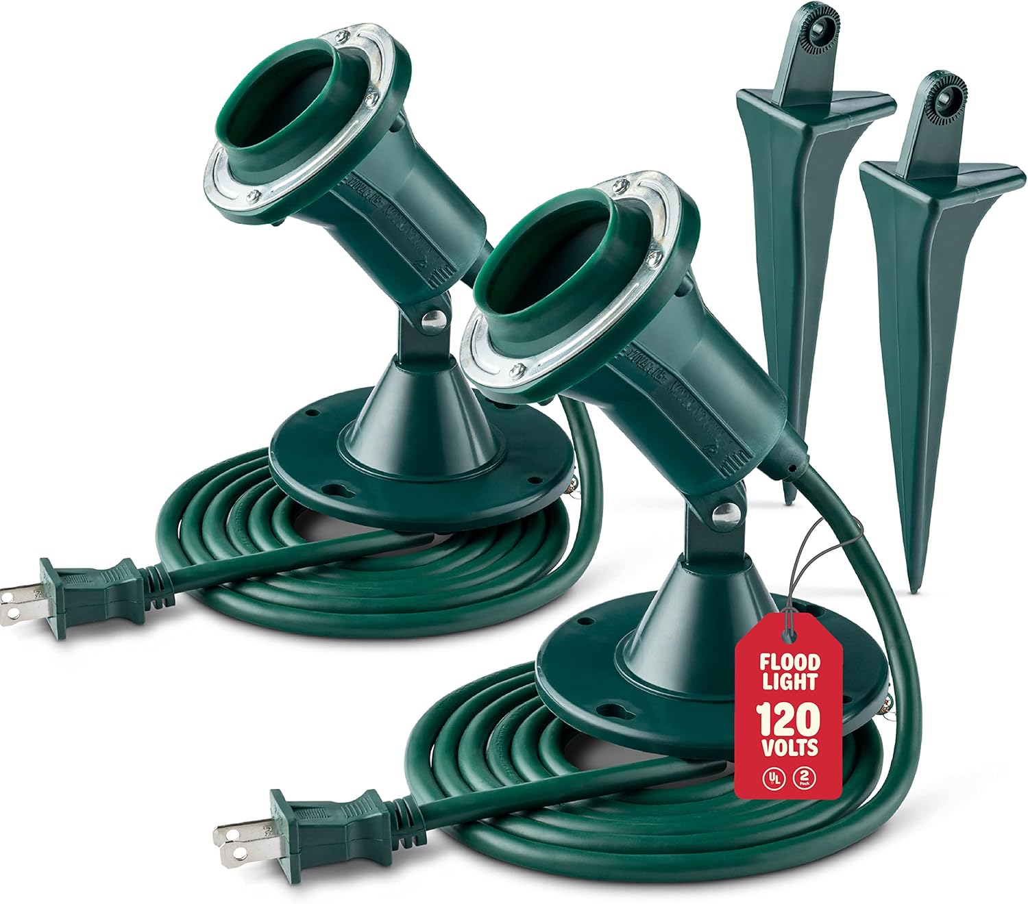 Outdoor Flood Light Holder [Set of 2] Floodlight Fixture With Stake & Wall Mount Base - Durable, Weather Resistant/Heavy Duty - ETL Listed 6-Ft Cord, Green Landscape Lamp. Use With 120 Volt PAR38 Bulb