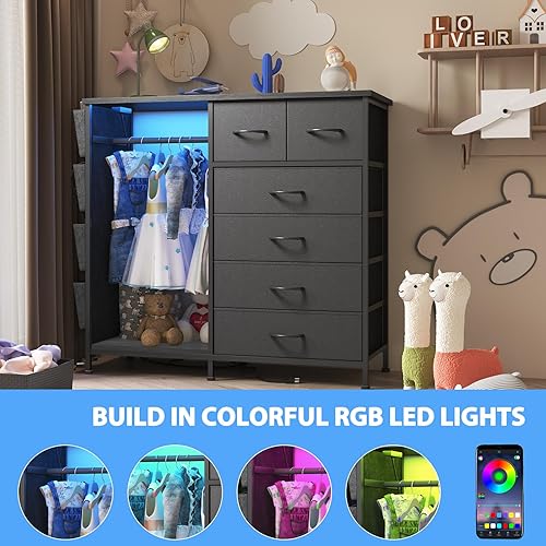 Miniatura 5 de Cómoda de 6 cajones para dormitorio con perchero, cómoda con bolsillos laterales y ganchos, estación de carga y luces LED, parte superior de madera,
