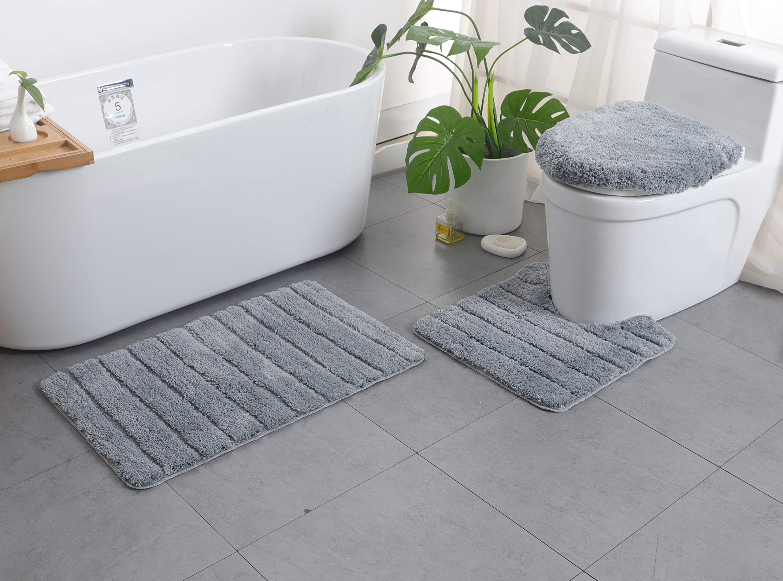 Topchances Juego de 3 alfombrillas de baño de microfibra antideslizante, peludas, suaves, de absorción rápida de agua, alfombrillas de baño, alfombrilla de baño, cubierta de asiento de inodoro (gris