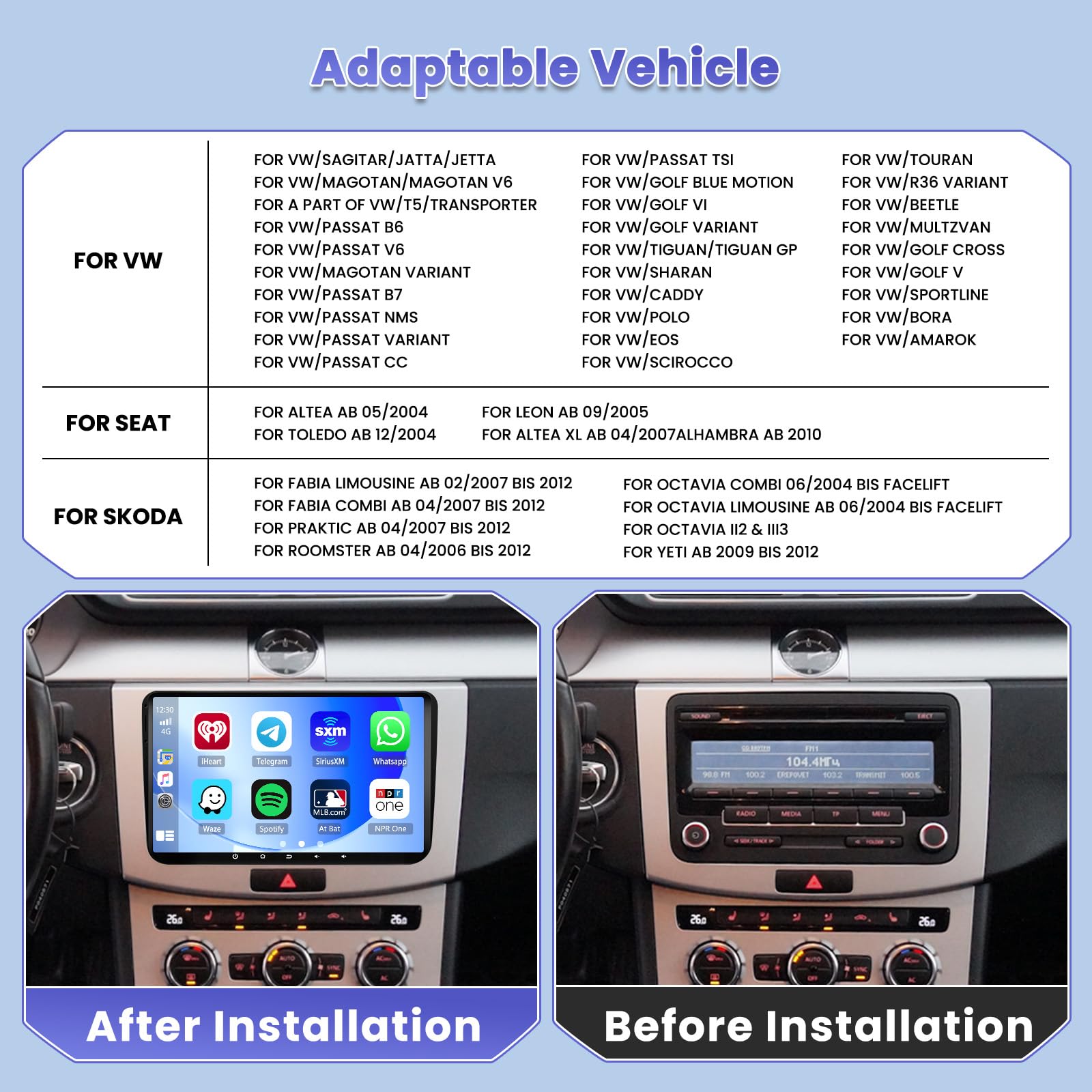 8 Core/4G+64G/DSP Android 15 Radio Coche para VW Golf 5 Golf 6 Polo Passat Tiguan T5 Transporter Seat Leon con Wireless CarPlay Android Auto, 9" Pantalla Táctil con BT GPS WiFi RDS FM USB+CAM