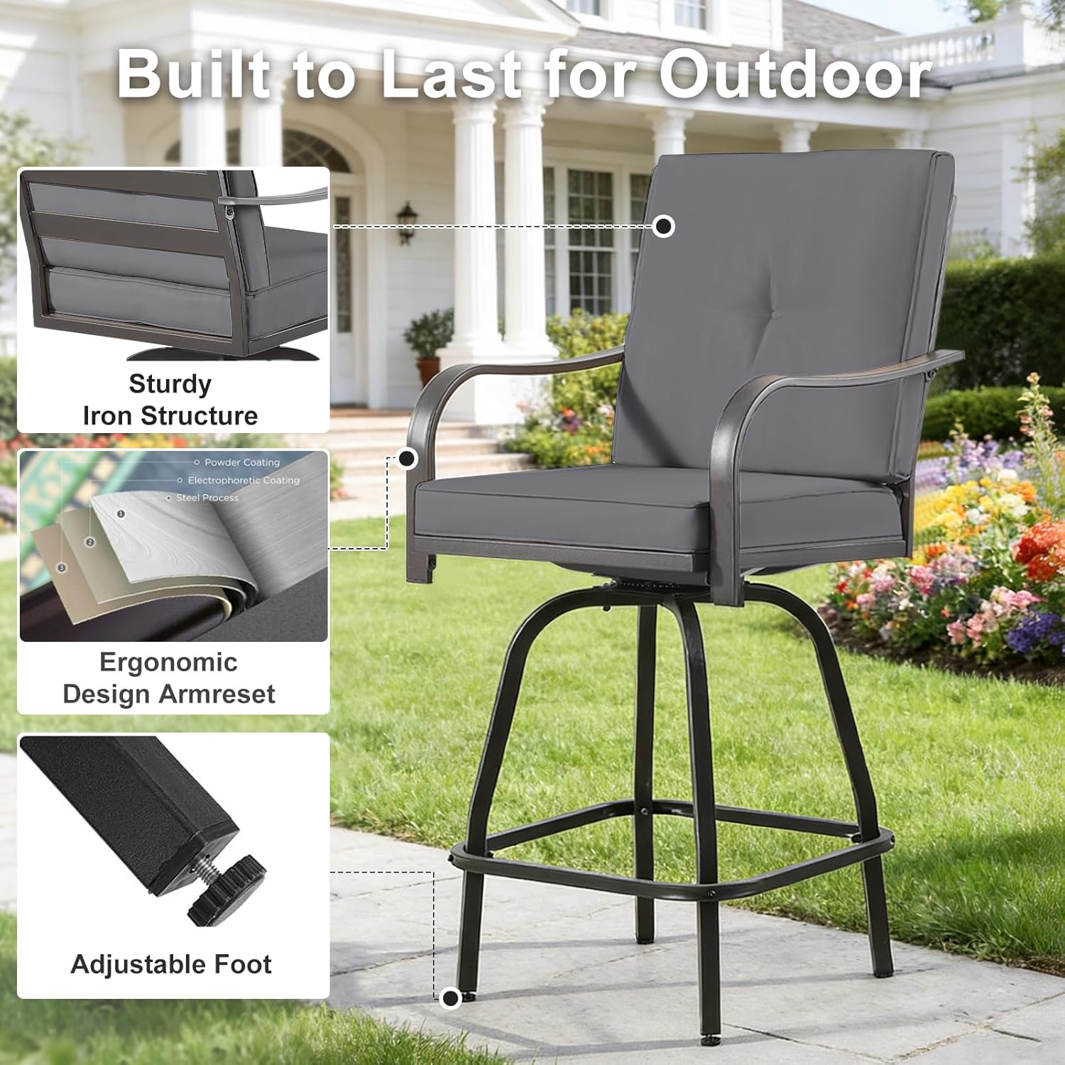 Patio Swivel Bar Stools Set of 2, Outdoor Bar Height Swivel Chairs with Cushions for Garden Balcony Backyard, Grey