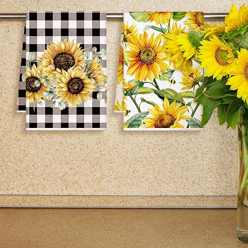 Miniatura 2 de Geyoga Juego de 6 Toallas de Cocina de Girasol Toalla de Mano para Platos con Diseño de Abeja a Cuadros Buffalo Gnomo Toallas de Té para Verano