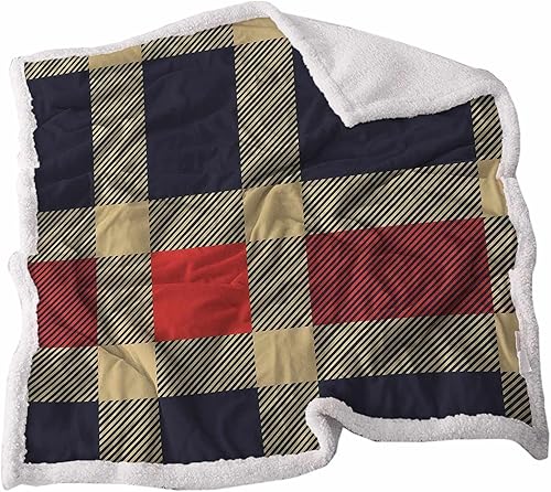 Miniatura 4 de Manta Sherpa de color azul oscuro y crema, manta reversible a cuadros, suave y acogedora, perfecta para cama o sofá, 50 x 60 pulgadas