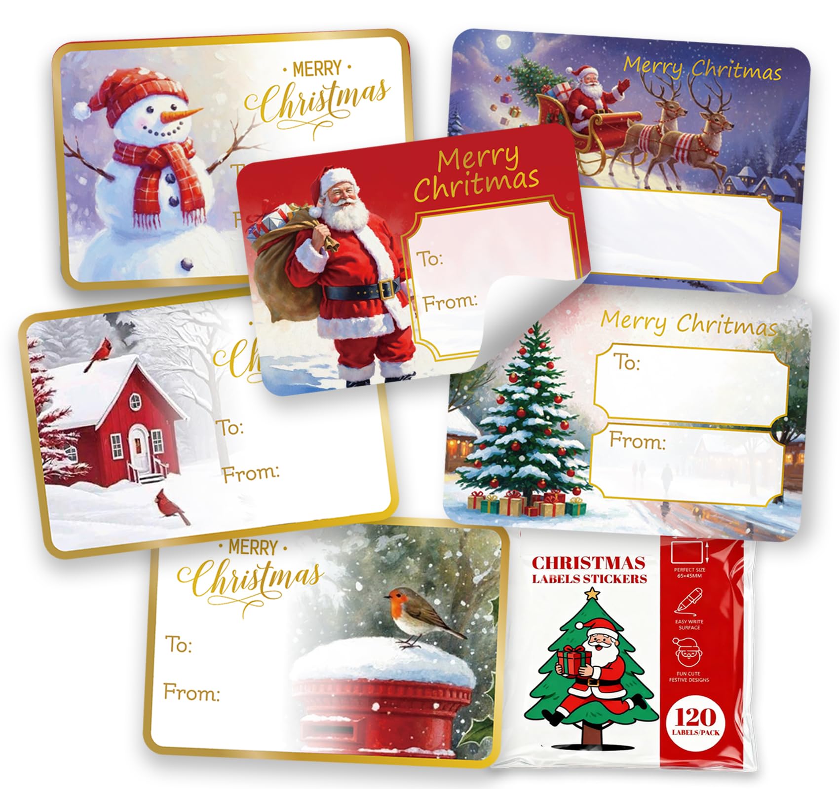 Christmas Labels Stickers for Presents, Christmas Sticky Labels with 6 Retro Designs, Xmas Stickers for Gifts, Easy Write Surface Xmas Tags by Binswloo, 65 x 45mm