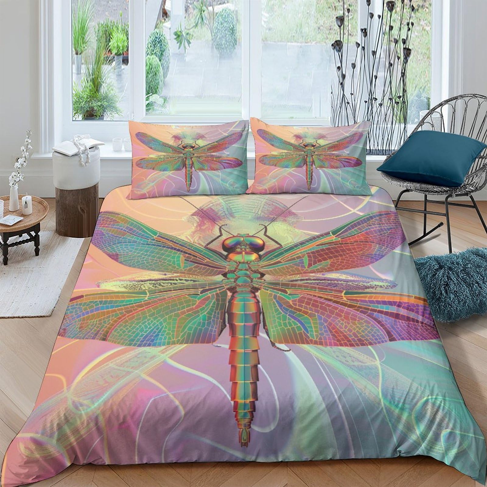 Housse de couette microfine libellule à fermeture éclair parure lit 3 pièces à volant