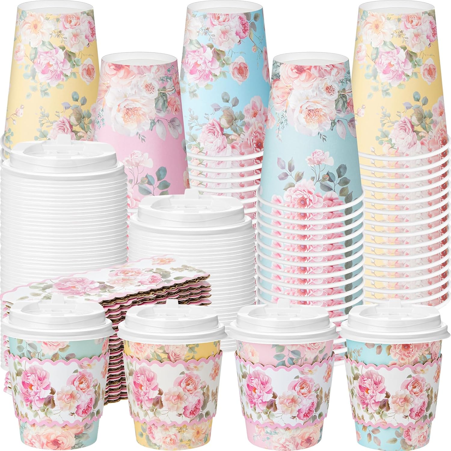 48 Pcs Floral Paper Coffee Cups with Lids and Sleeves Colorful Flower Design Disposable Coffee Cups for Tea Party Wedding Reception Baby Shower Supplies (8 oz)
