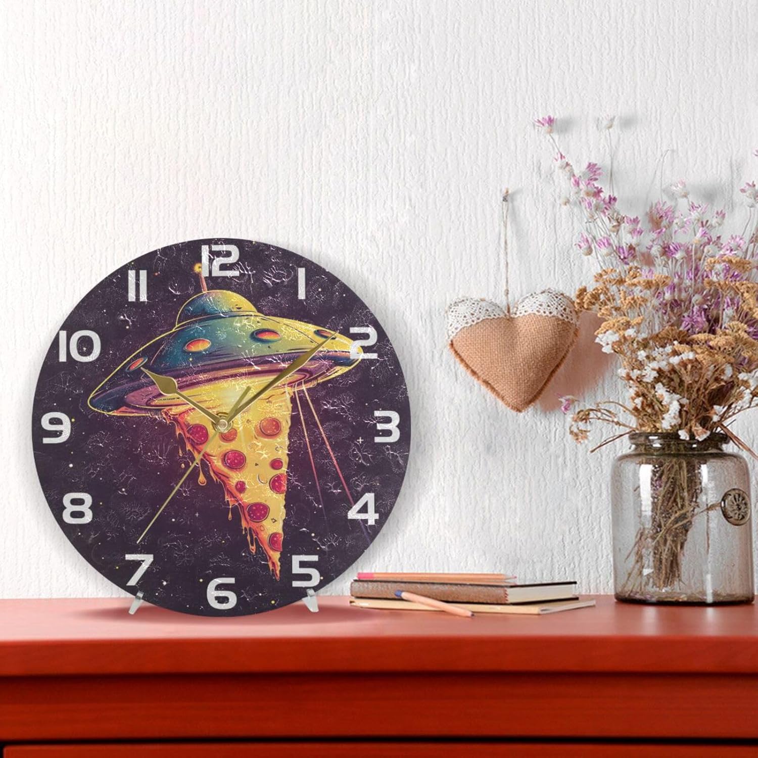 ALAZA Spaceships with Pizza Out Outer Space Wall Clock Non Ticking Decorative Desk Clock for Bedroom Kitchen Living Room School Office,Black