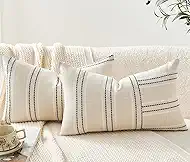 Throw Pillow Covers Set of 2 12x20 Inch Striped Pillow Covers, Soft Decorative Cotton Lumbar Neutral Navy Blue Textured Case for Couch Sofa Bed Living Room, Home Modern Farmhouse Cute Decor