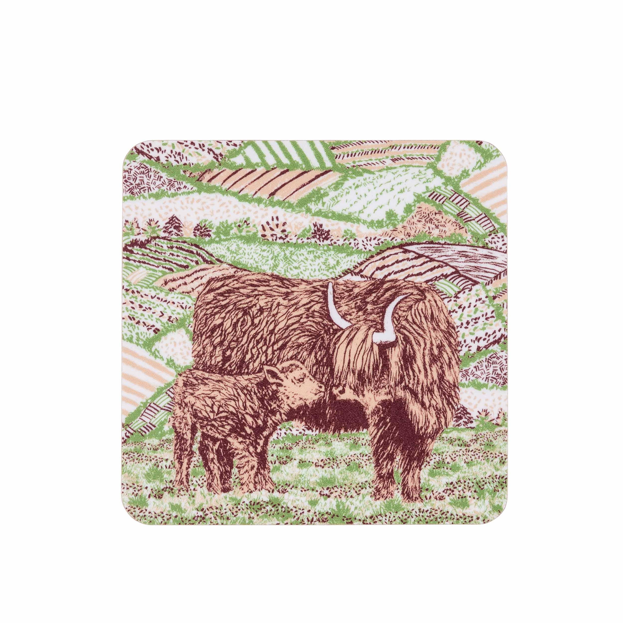 Highland Cow Fields Coaster, Eucalyptus Board with Cork Base, 9.8 cm Square