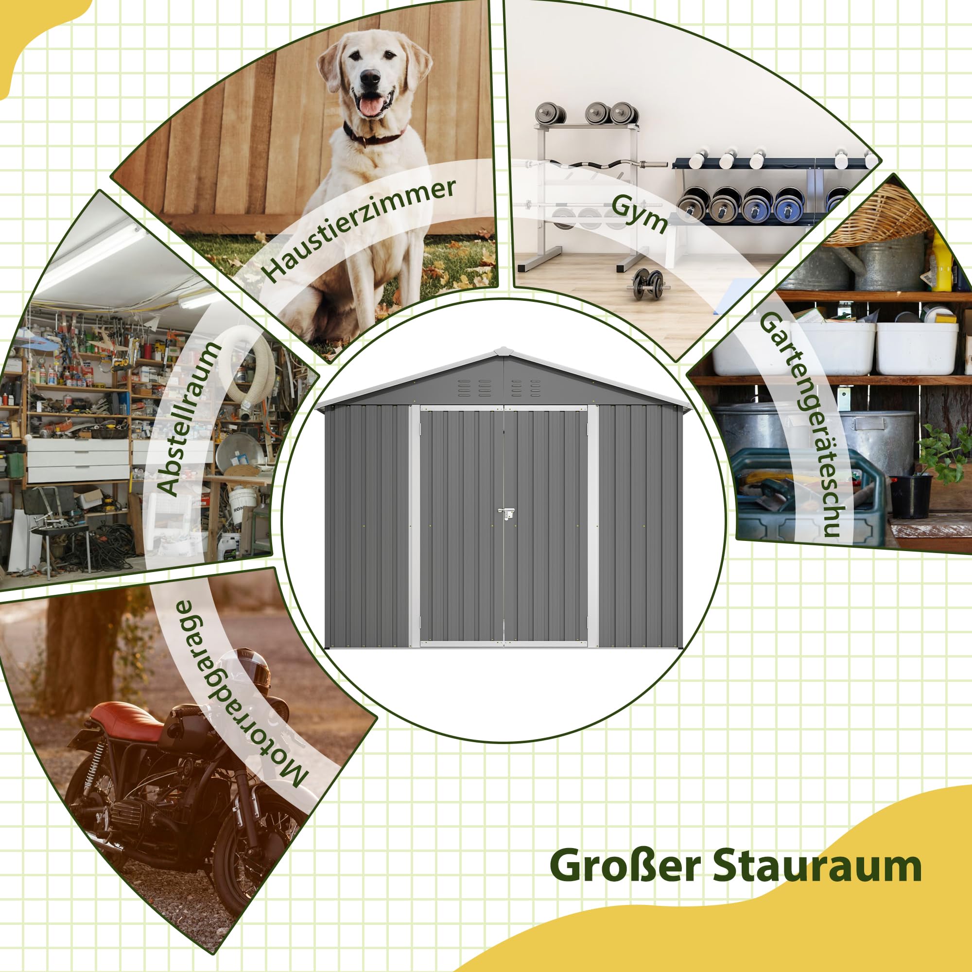Metall Gerätehaus Gerätehaus mit Pultdach,Gartenhaus Geräteschuppen Garten Schuppen Inkl. Metallfundament (ohne Boden), Geräteschrank für Garten (Grau, L)