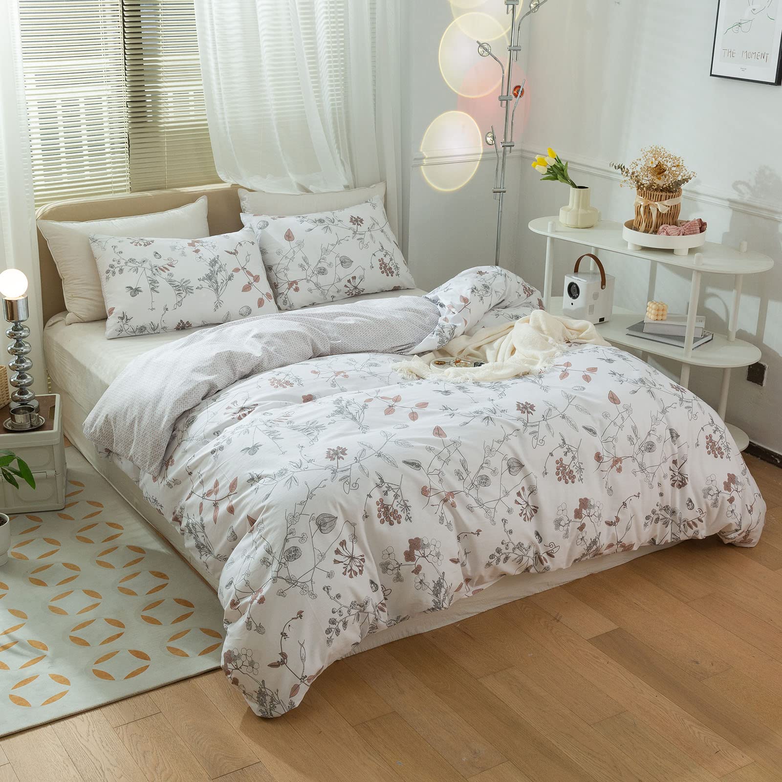 Girl Floral Bedding Sets Twin Chic Flower Botanical Duvet Cover 100% Cotton Garden Floral Comforter Cover Vintage Style White Floral Bedding Cover Reversible Geometric Duvet Cover Twin Bedding Set
