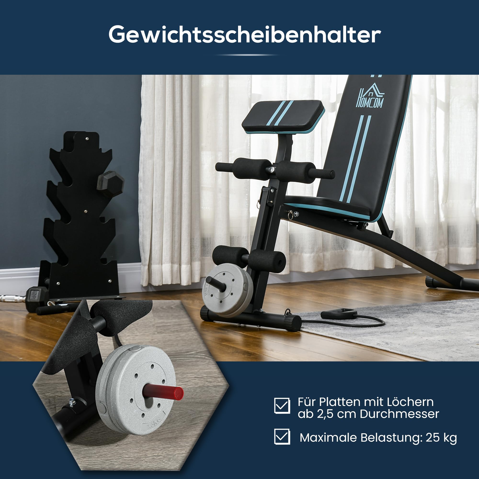 HOMCOM Hantelbank 7 fach Verstellbare Rückenlehne Klappbar bis 300 kg | Multifunktion Trainingsbank, Fitnessbank, für Zuhause, Bizeps-Curls, Langhantel, Stahl