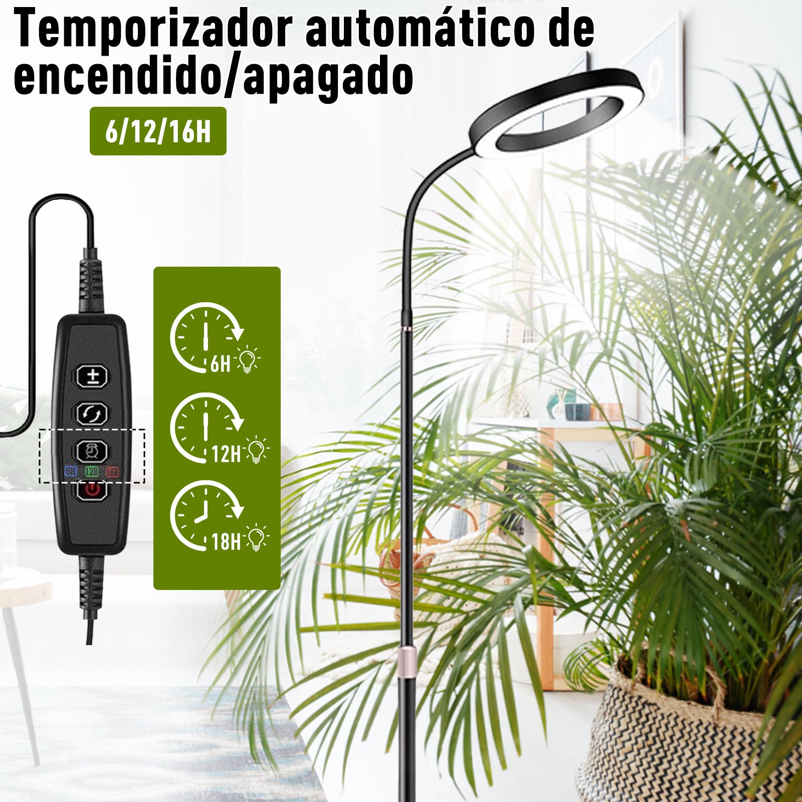 Lámpara para Plantas LED, Espectro Completo 380-800nm con Temporizador 6/12/16H, 3 Modos Luz & 10 Niveles Brillo, Altura Ajustable 57-170cm, Grow Light para Plantas de Interior, Incluye Temporizador
