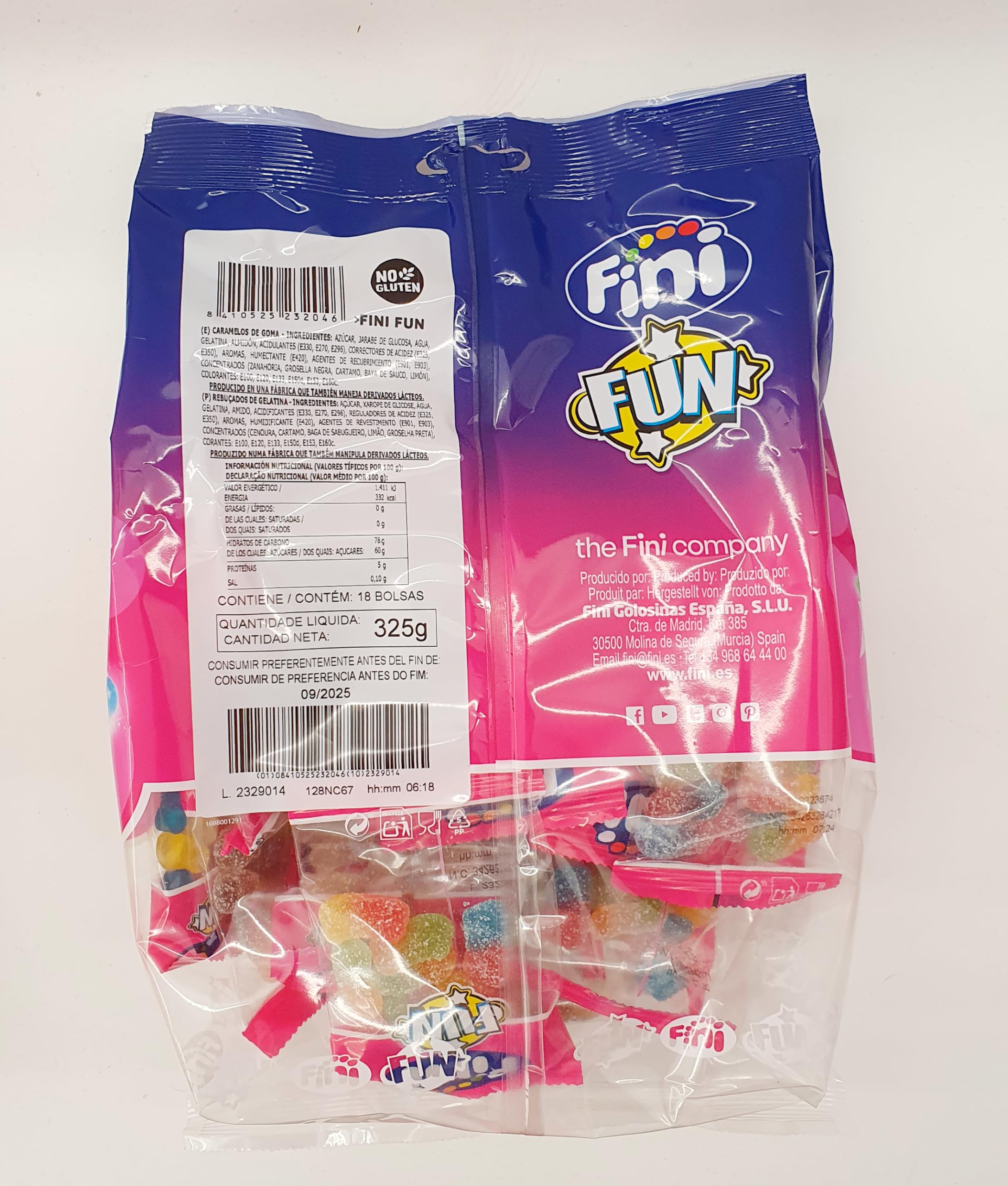 Fini Fun | Surtido Gominolas | Fresas, Ositos, Moras y Coca Colas | Sin Gluten | 1 unidad con 18 mini bolsas (325 gr)
