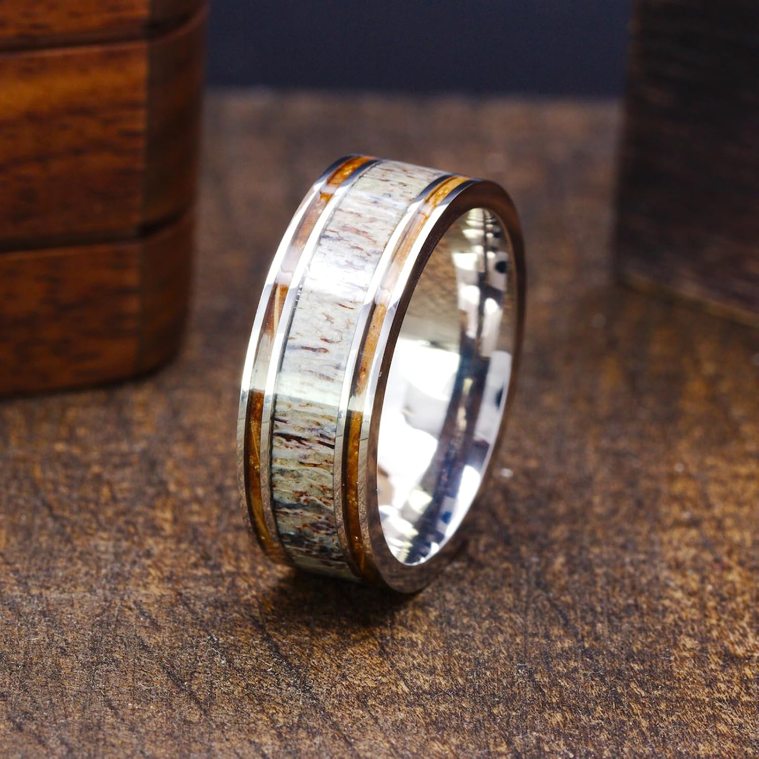 Gentlemen's Bands Premium Silver Tungsten Mens Wedding Band With Whiskey Barrel Wood & Large Deer Antler Inlay | Package Includes Silicon Band, Walnut Ring Box, Leather pouch